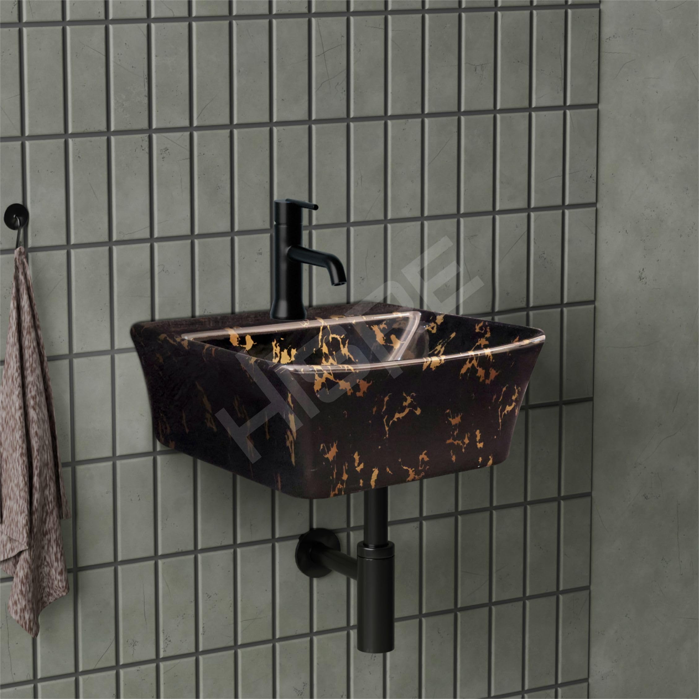 HISRE Wall Mount Wash Basin 13"x13"x5" | Black Gold Marble Finish Ceramic Sink | Modern Rectangular Bathroom Basin for Home, Office & Hotels, photo 2 of 5