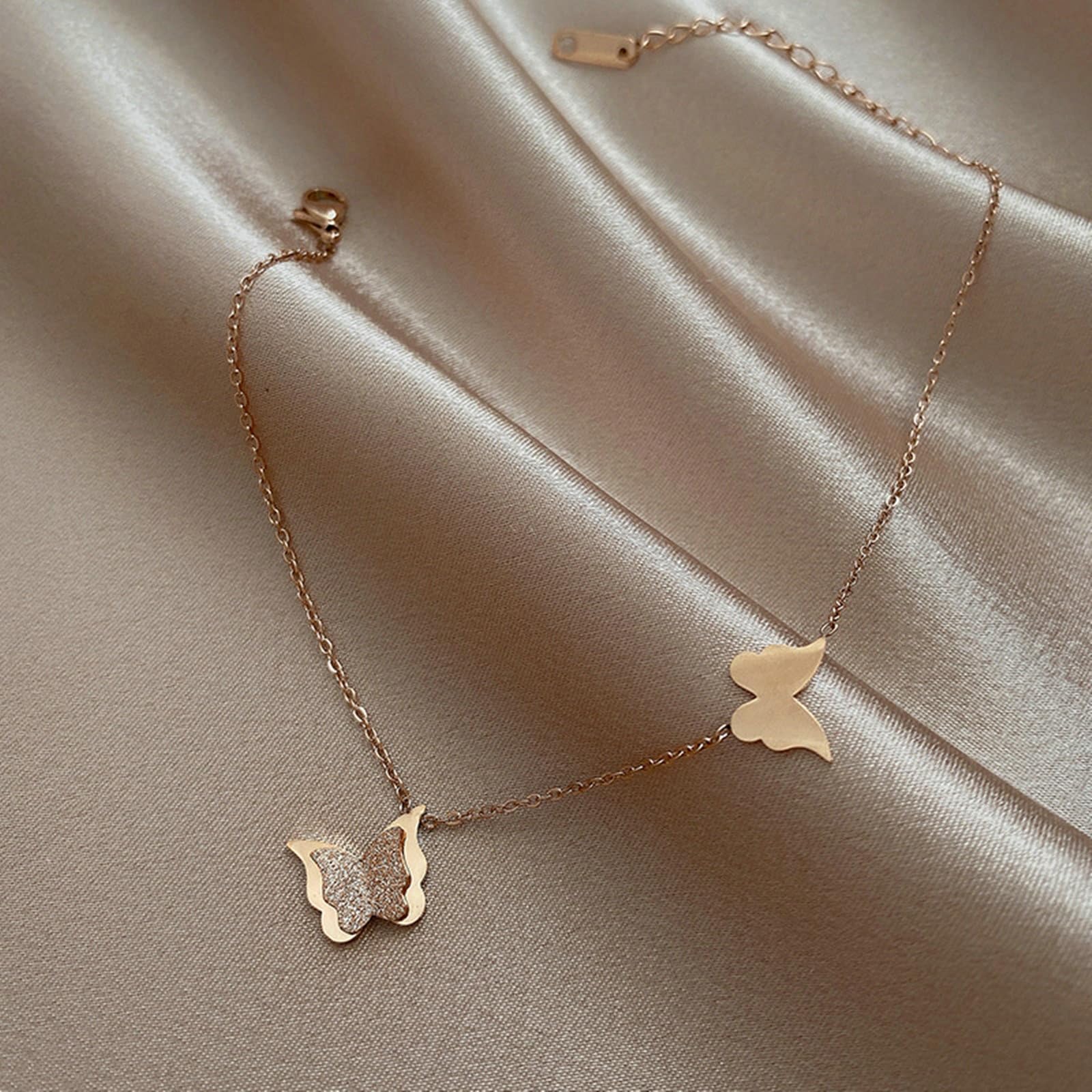 Fußkettchen Jugendliche 9 Karat Rose Gold 375, 9K Rosegold Doppel Schmetterling Fußkette Urlaub Armbänder für Mädchen für Damen, 25cm Länge