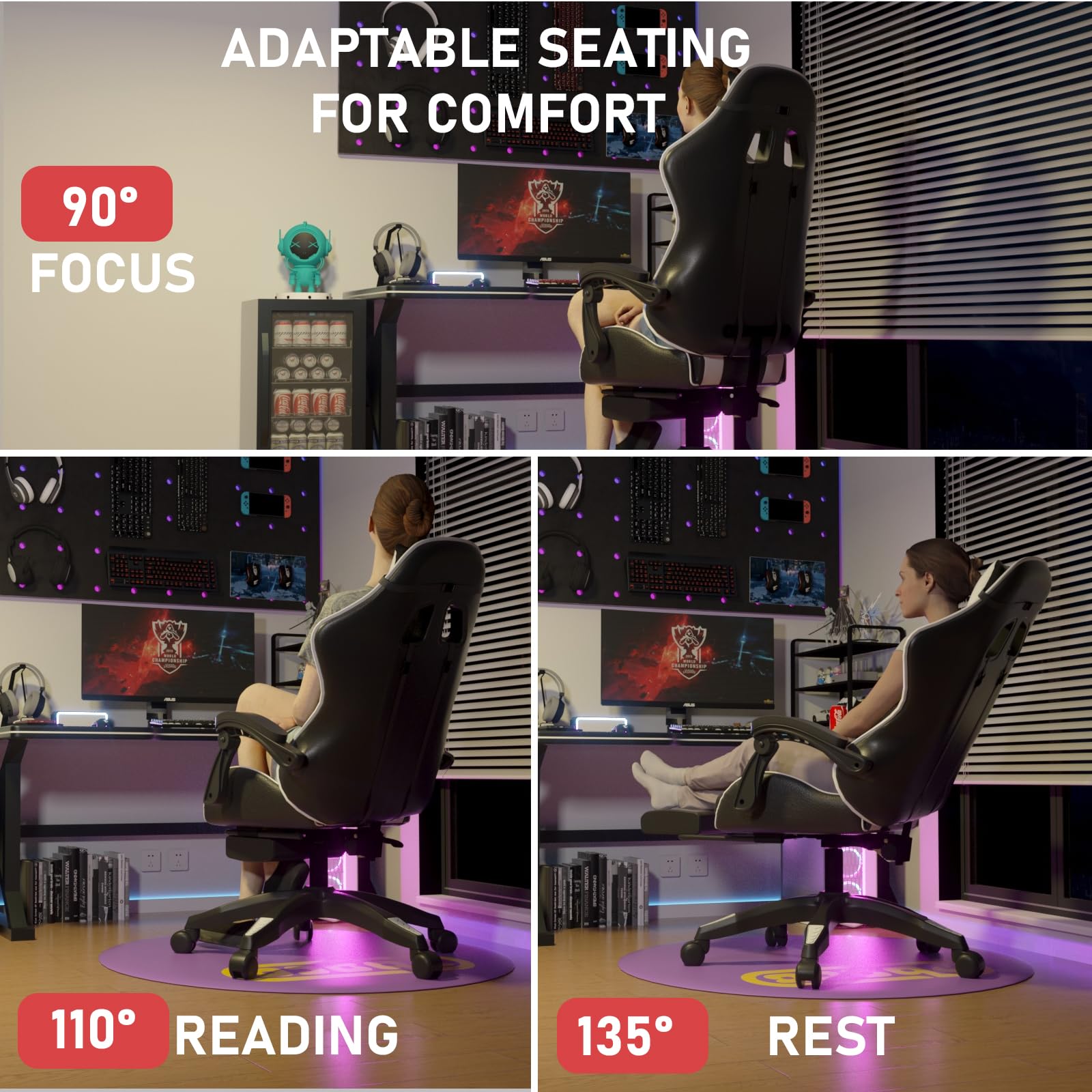 Chaise Gaming Ergonomique,Fauteuil avec Repose-piedsrétractable et Appui-tête,Réglable Siege - Noir et Blanc