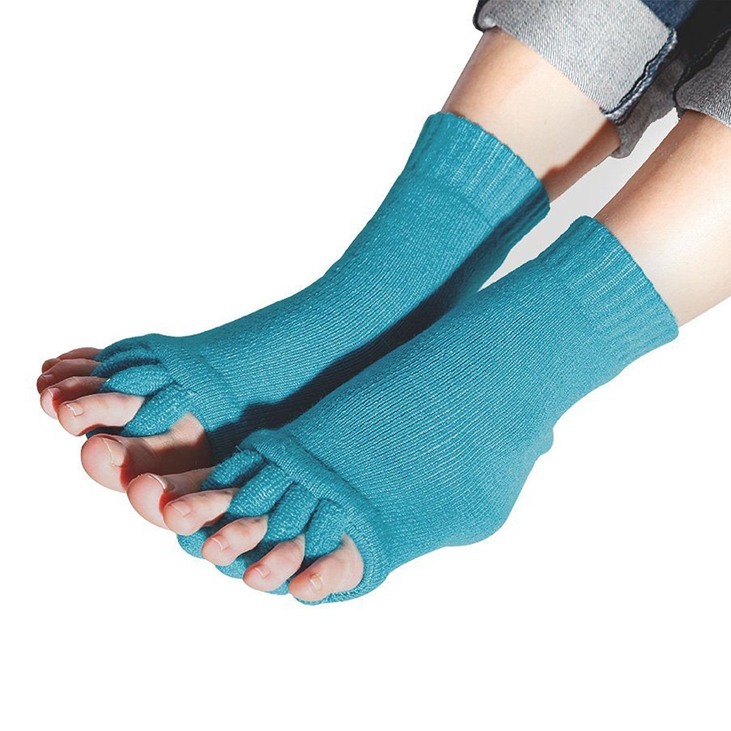RockWearZ Alignment Socks Foot & Toes Massage Toe Separator Spacer Relaxing Stretch Tendon Pain Relief Yoga Sports Gym Five Toe Separator Socks (Lakeblue - 1 Pair)-image-32