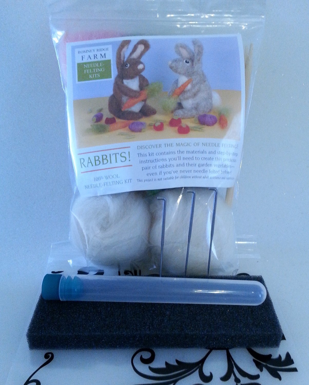 Bunny Needle Felting Bundle of 2 Items: Rabbit Needle Felting Kit and Set of 3 Reverse Needles for Fur and Color Blending