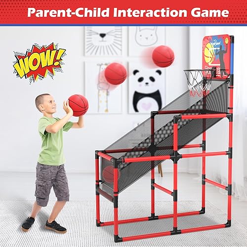 Miniatura 4 de Juego de arcade de baloncesto para niños, con marcador electrónico, sonido de alegría, aro de baloncesto para interiores y exteriores con 4 bolas,