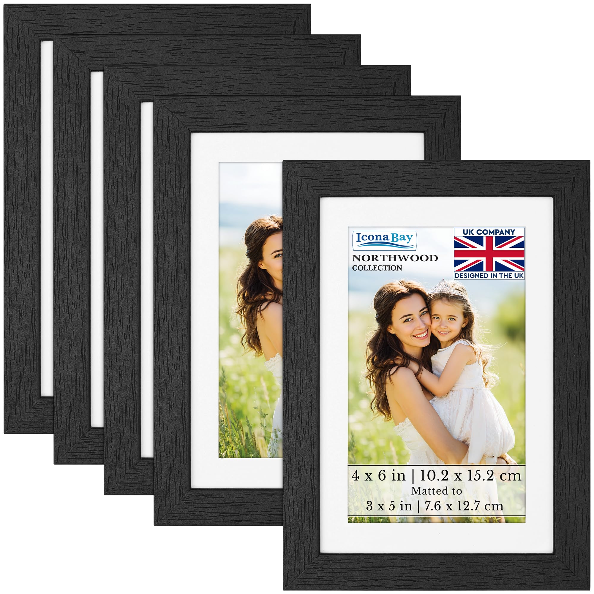 Icona Bay - 6x4 Photo Frames with Removable Mat for 5x3 Pictures - Black Balsam, 5 Pack - Modern Wood Grain Style with Shatterproof Cover Sheet - Tabletop/Wall Mount - Northwood Collection