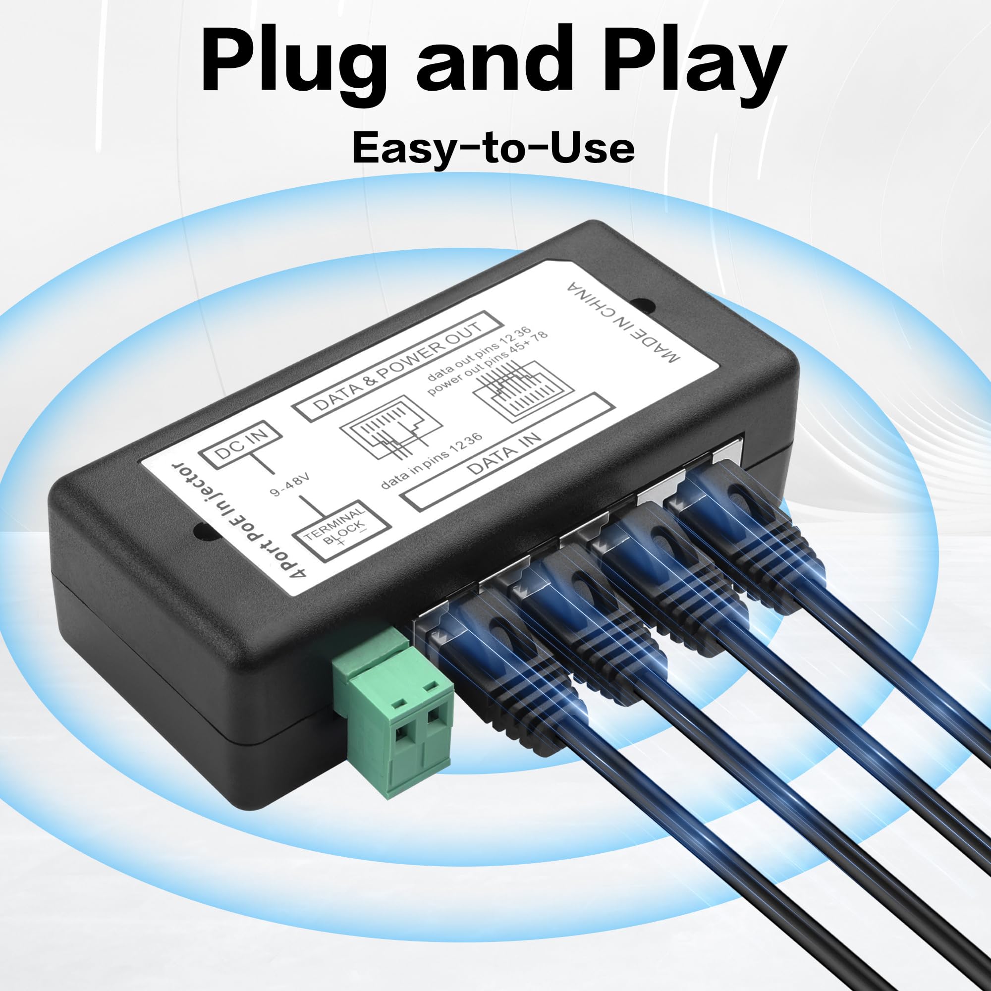 9V-48V 4 Port PoE Power Adapter YACSEJAO 4-Port Ethernet Power Supply for IP Cameras, Wireless APs & IoT Devices | 48V 120W DC Output with Terminal Block