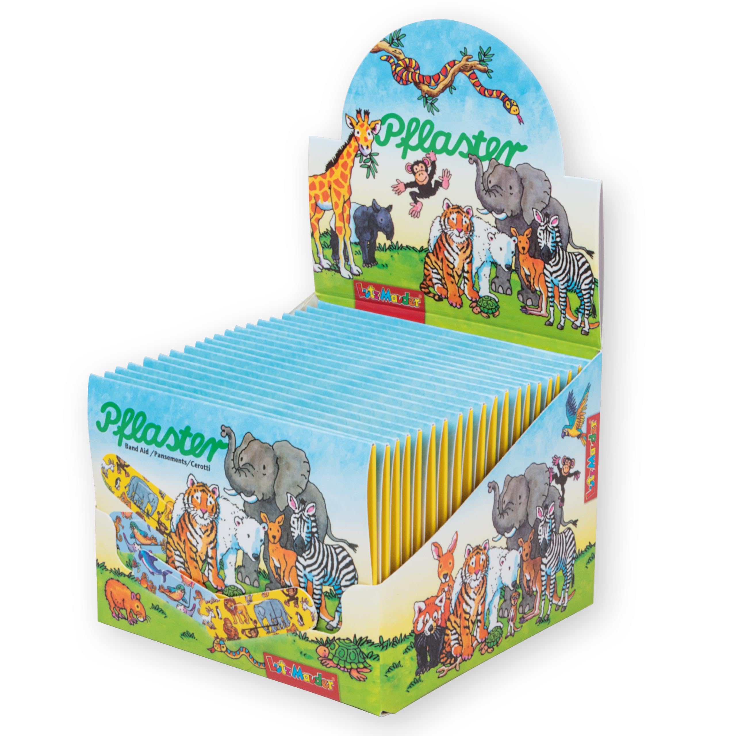 Lutz Mauder Kinder Pflaster Display Set mit 20 Pflasterbriefchen Zootiere mit je 10 Pflastern in 2 Größen (200 Einzelpflaster), Kita, Kindergarten, Arzt, Hort, Erzieher, Geburtststag, Gastgeschenk