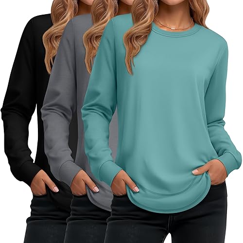 Ficerd 3 Pack Women's Long Sleeve Shirts, Cotton Crew Neck
