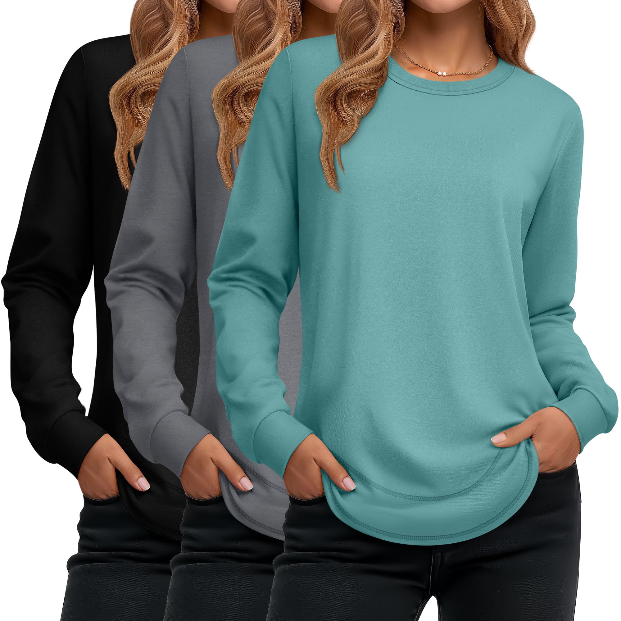 Ficerd 3 Pack Women's Long Sleeve Shirts, Cotton Crew Neck Tunic Tops Casual Loose Fit Pullover Sweatshirts Curved Hem Shirts