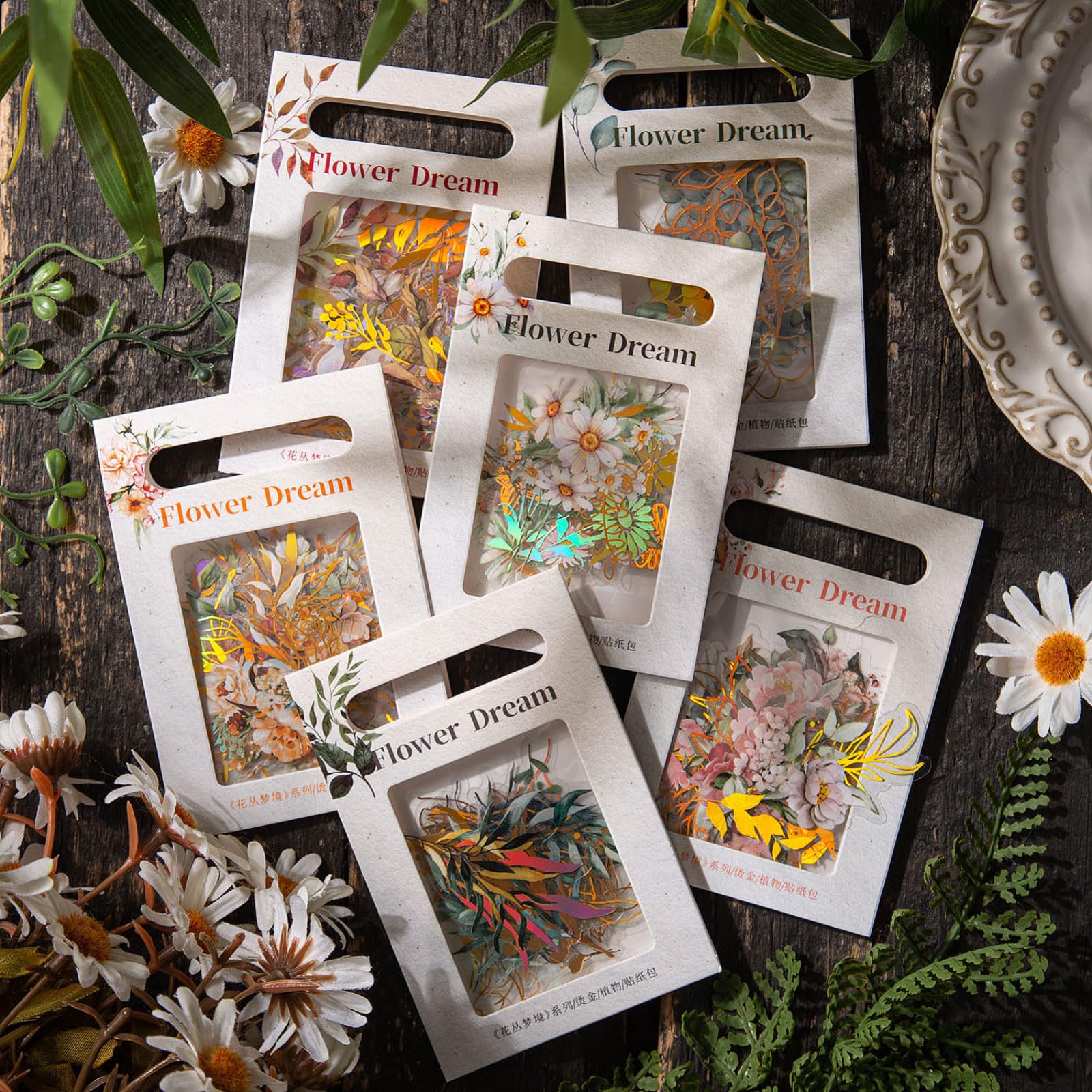 Dizdkizd Juego de calcomanías holográficas de flores y hojas, 240 calcomanías botánicas doradas para álbumes de recortes, pequeñas calcomanías florales transparentes para diario, planificador, álbum