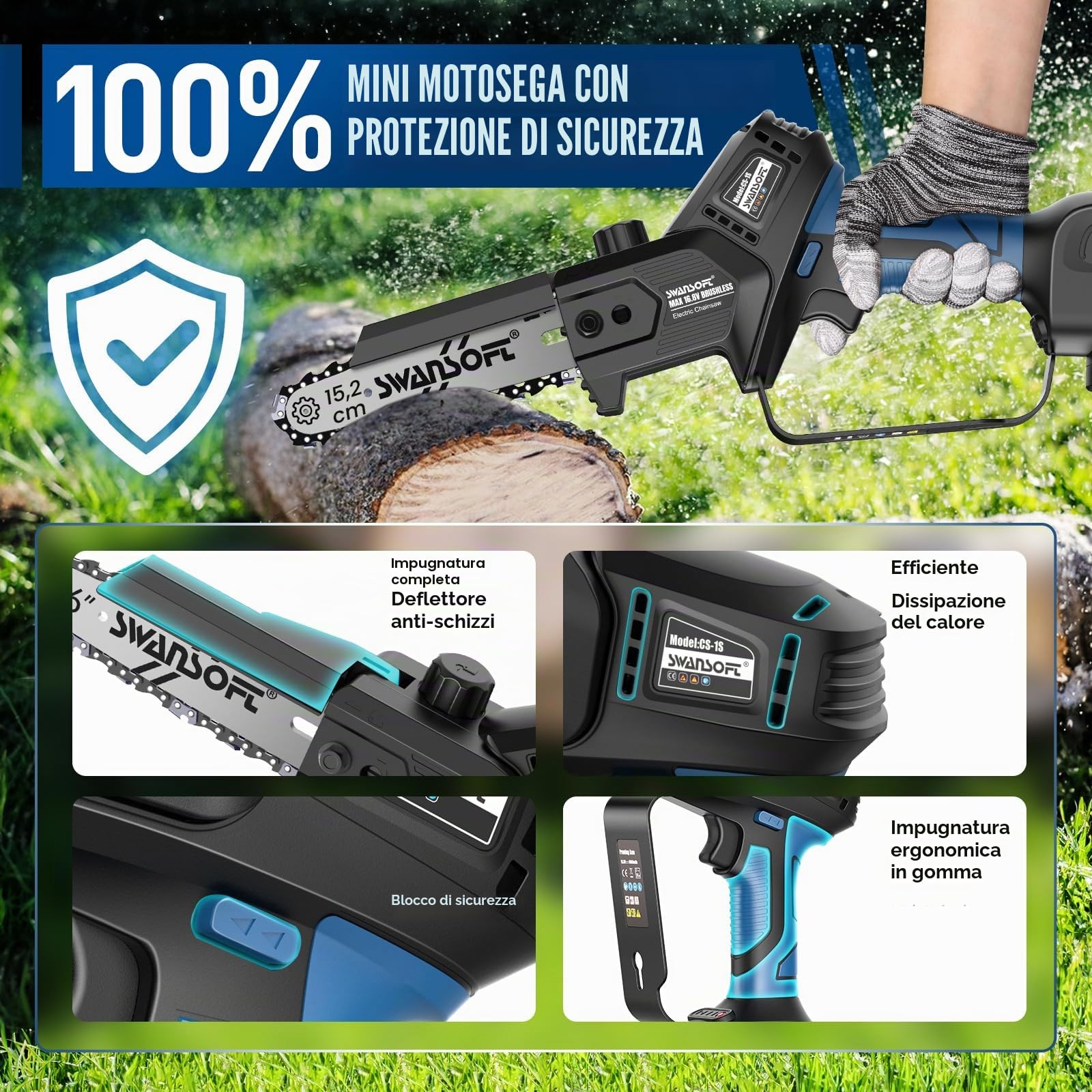 SWANSOFT Mini Motosierra a Batteria Professionale (CS-1S BLUE)