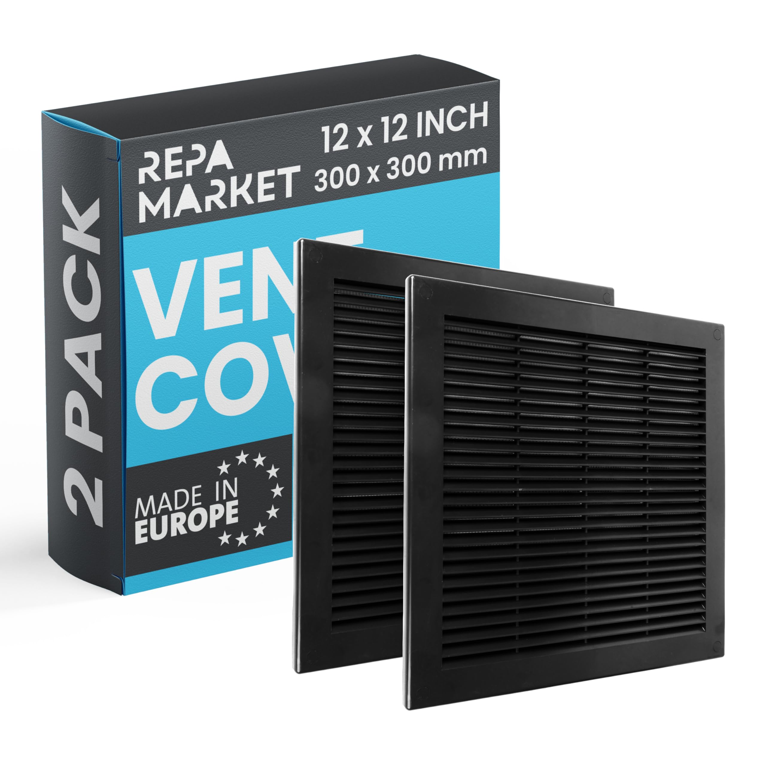 Repa Market 12 x 12 Inch / 300 x 300mm (Outer Size) Black Square Air Vent Covers for Walls - Pack of 2 Plastic Intake Air Vents - Grill Cover w/Nylon Mesh Screen - HVAC Ceiling Ventilation Grilles
