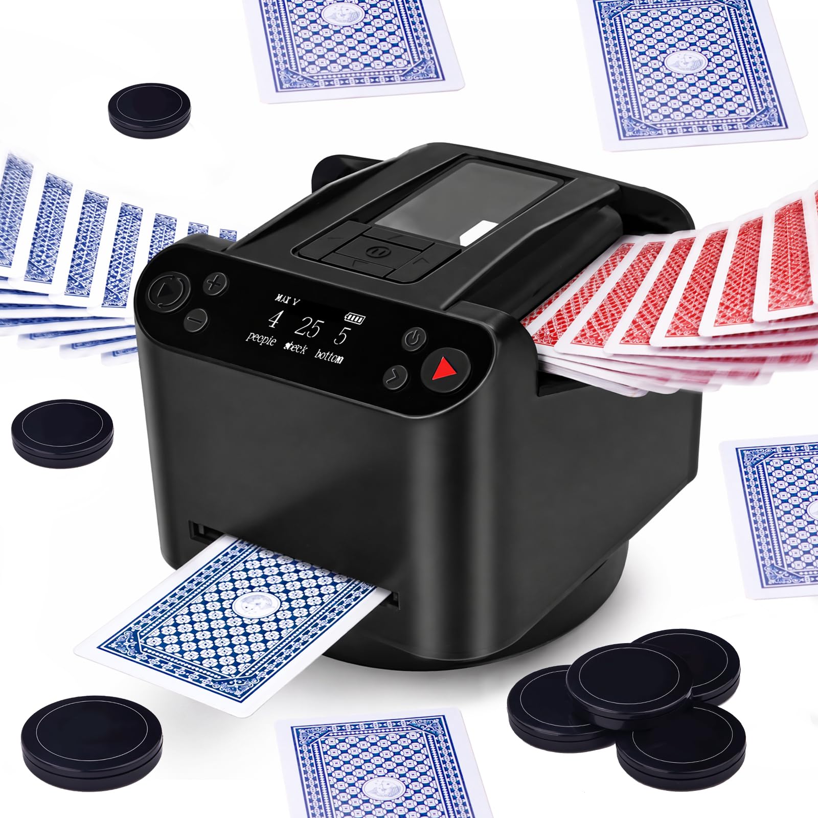 Kartenmischmaschine Elektrische, 2 in 1 Automatische Kartenmischer und Kartensender, um 360° Drehbarer Kartengeber mit 4 Kabellosen Kartengebertasten,Kartenmischgerät für UNO Kartenspiel,Poker,Skip bo