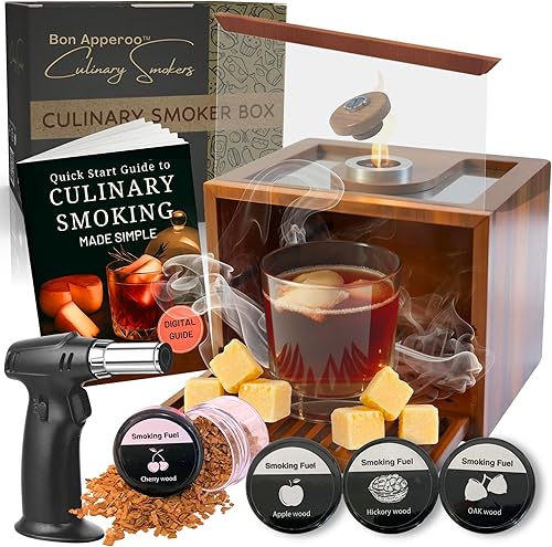 Bon Apperoo Caja de ahumador culinario con antorcha Infusor portátil de alimentos fríos y cócteles Kit de ahumado de whisky para interiores