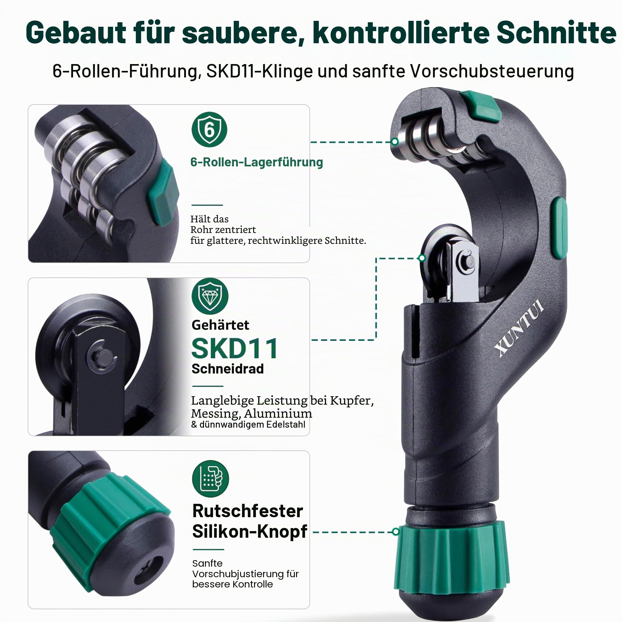 Rohrabschneider 5-50 mm, robuster Rohrschneider für Edelstahl-, Kupfer-, Messing- und Aluminiumrohre, mit Entgratungsklinge & Ersatzklingen