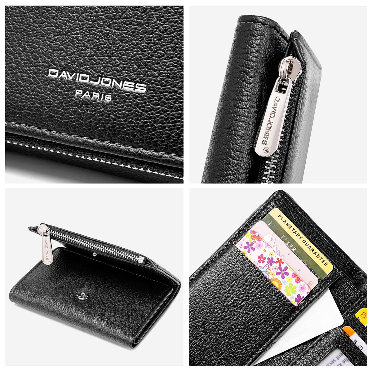 David Jones - Portafoglio Portamonete Lungo Donna - Portacarte Simil Pelle PU - Molti Scomparti Tasche per banconote e monete - Nero