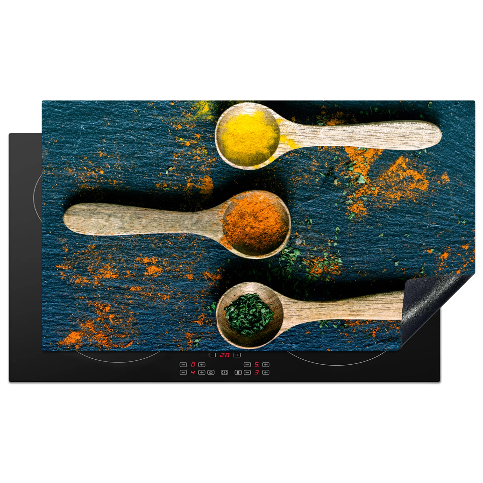 KitchenYeah© Induction Hob Protector Mat 20.8"x36" / 91.6x52.7 cm Stove Cap Top Cover Kitchen Cooker Covers for Electric Hobs Vinyl Spices - Spoon - Herbs - Brown - Yellow - Green