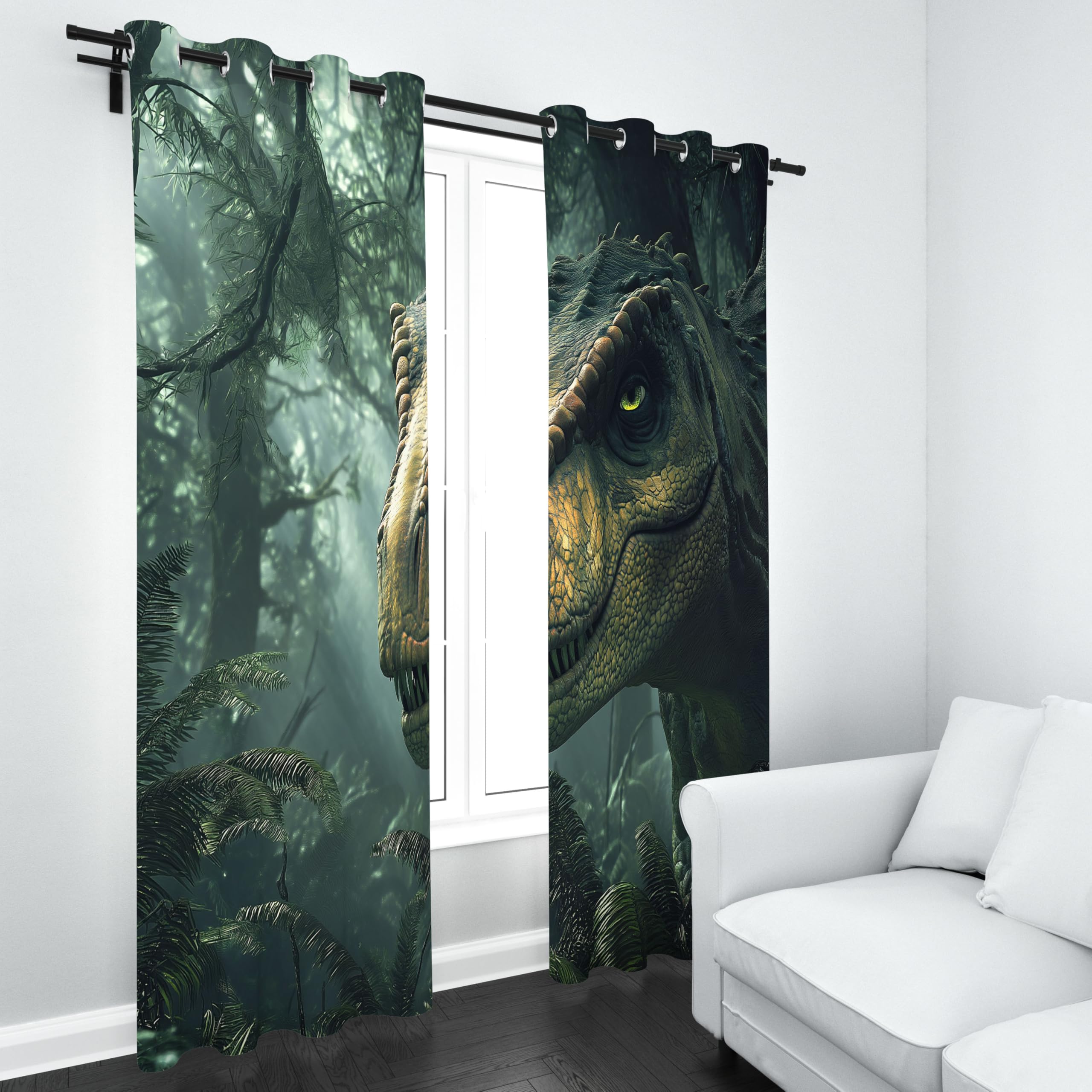 Rideaux occultants à motif dinosaure pour salon, rideau dinosaure tyrannosaure pour chambre, rideaux occultants thermiques à motif plantes et feuilles vertes pour chambre d'enfant/adolescent, ensemble
