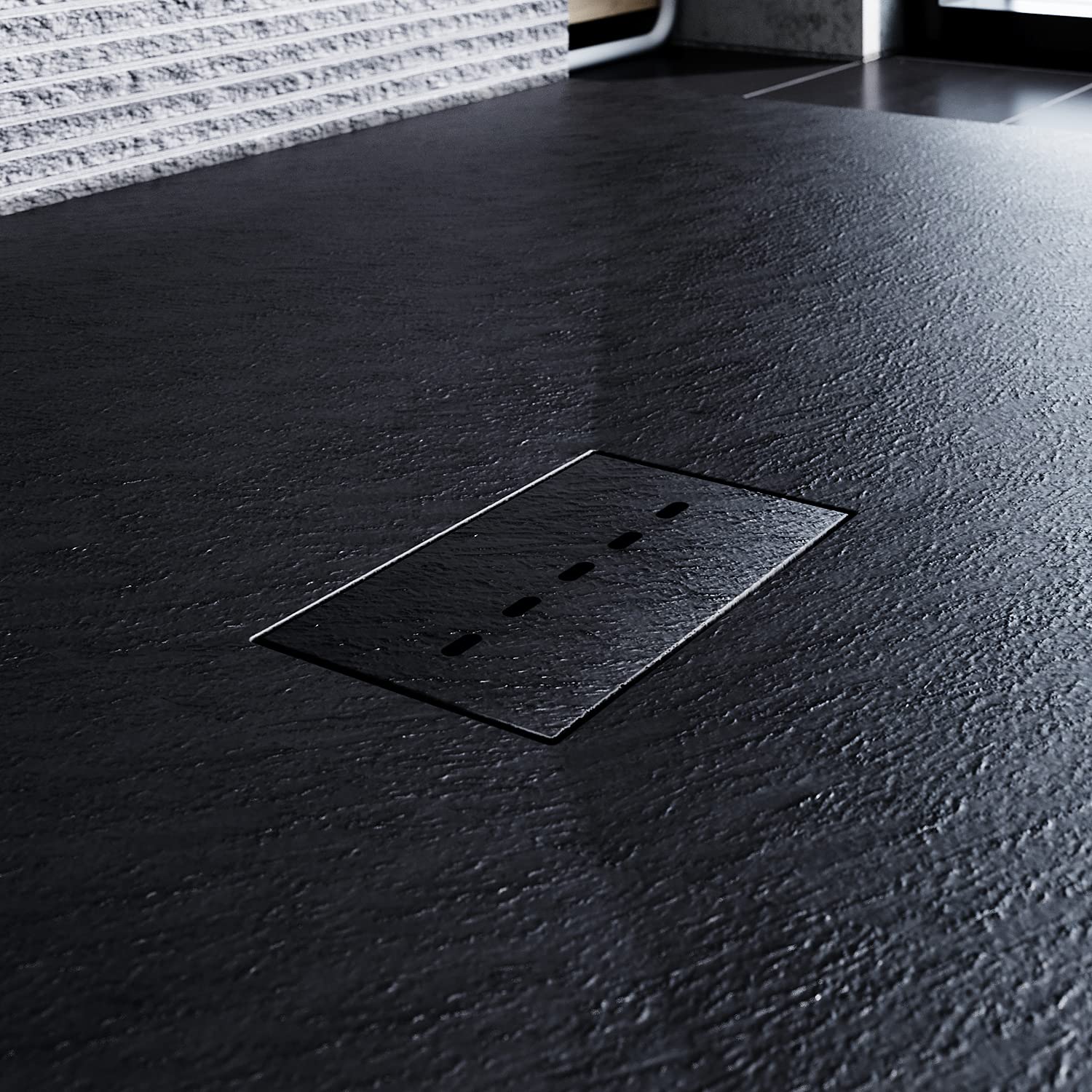 SONNI Plato de Ducha de Resina 140x100,con Válvula de Deasgüe,Textura Pizarra y Antideslizante,Altura 3cm Negro