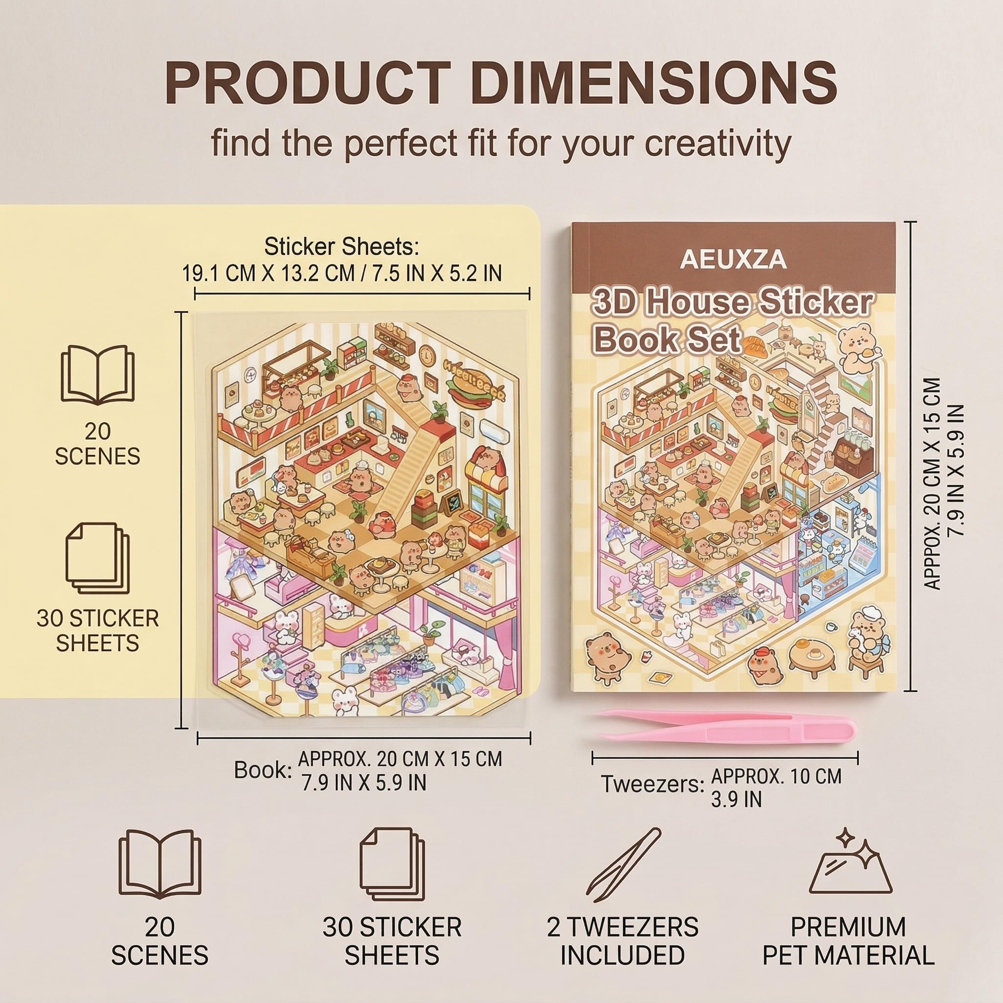AEUXZA Libro de Pegatinas 3D Casa en Miniatura, Set de 50 Páginas con Escenas de Habitaciones (20 Escenas + 30 Hojas) y 2 Pinzas, Accesorios DIY Scrapbooking para Niños y Adultos — view 6