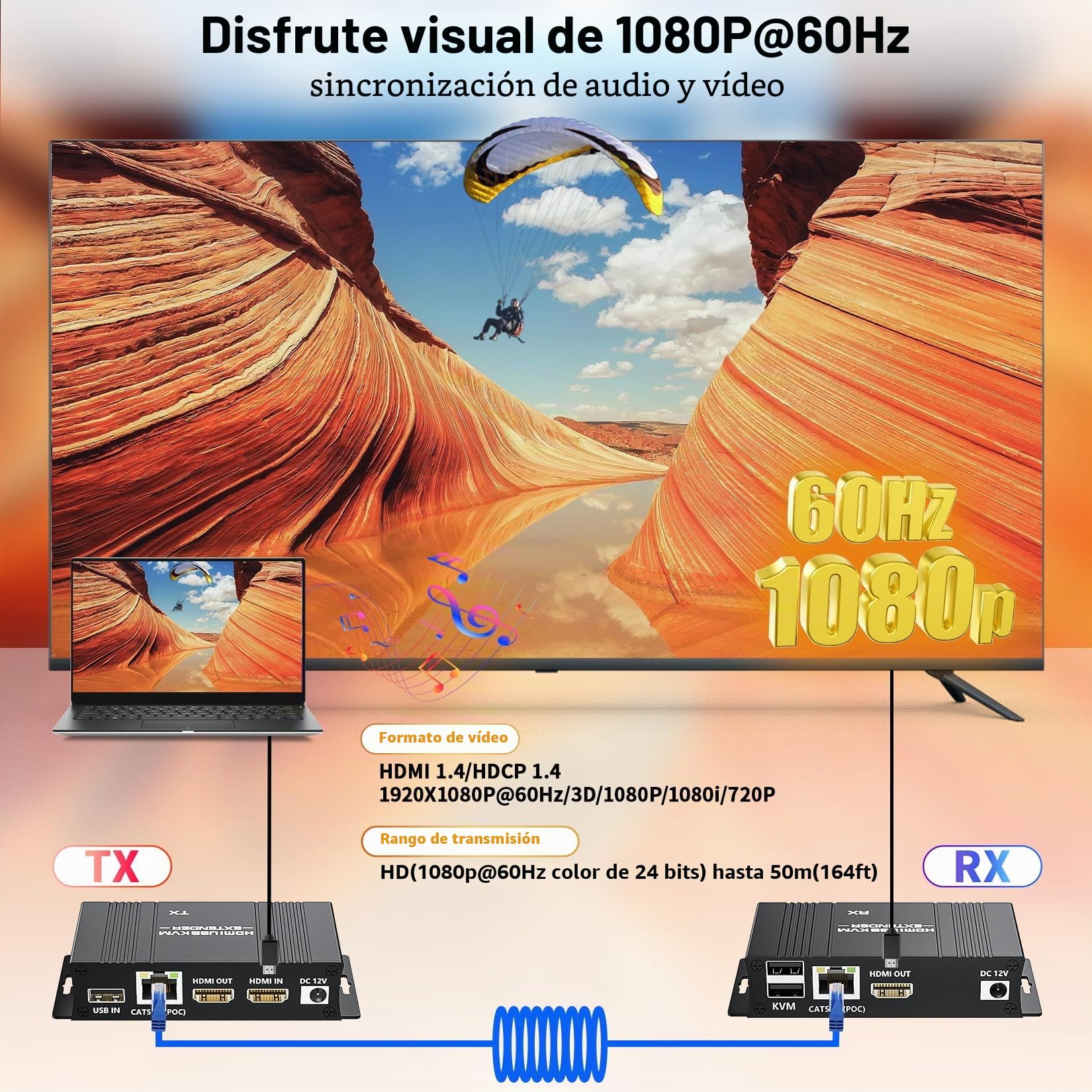 BolAAzuL Kit extensor KVM USB HDMI, extensor USB KVM HDMI 1080P sobre RJ45 Cat5e/6 cable de red con bucle y POC, distancia flexible de transmisión sin pérdidas