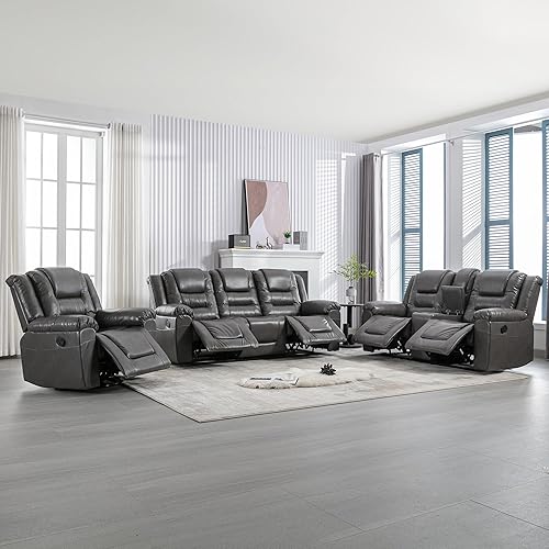 Juego de muebles de sala de estar, 3 piezas, juegos de sofás reclinables seccionales de cuero, asientos de cine en casa, sofá reclinable manual con