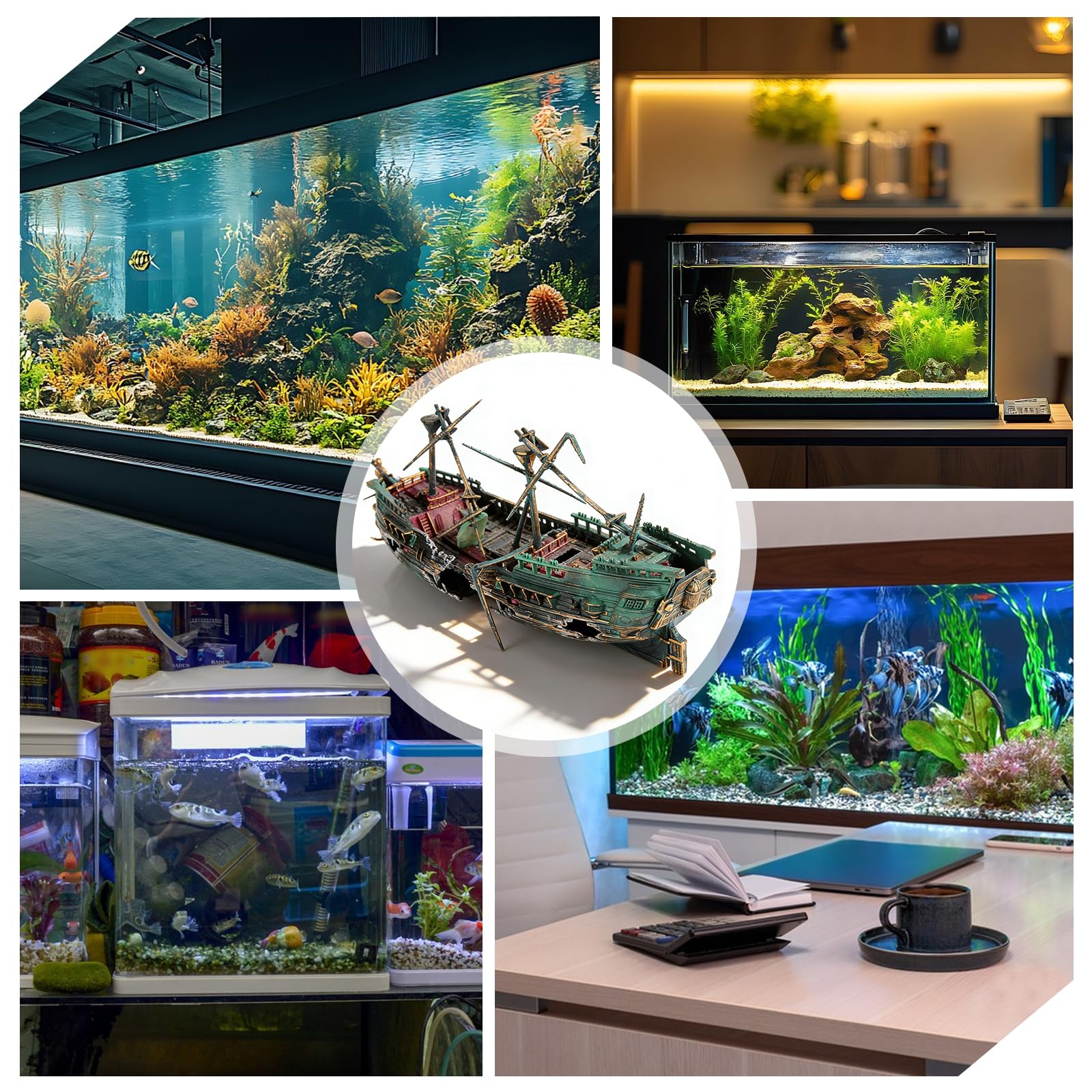 Épave de navire Décoration d'aquarium : ornements Décorations ornementales de bateau coulé, accessoires classiques de navire accessoires d'aquarium paysage en polyrésine pour poissons
