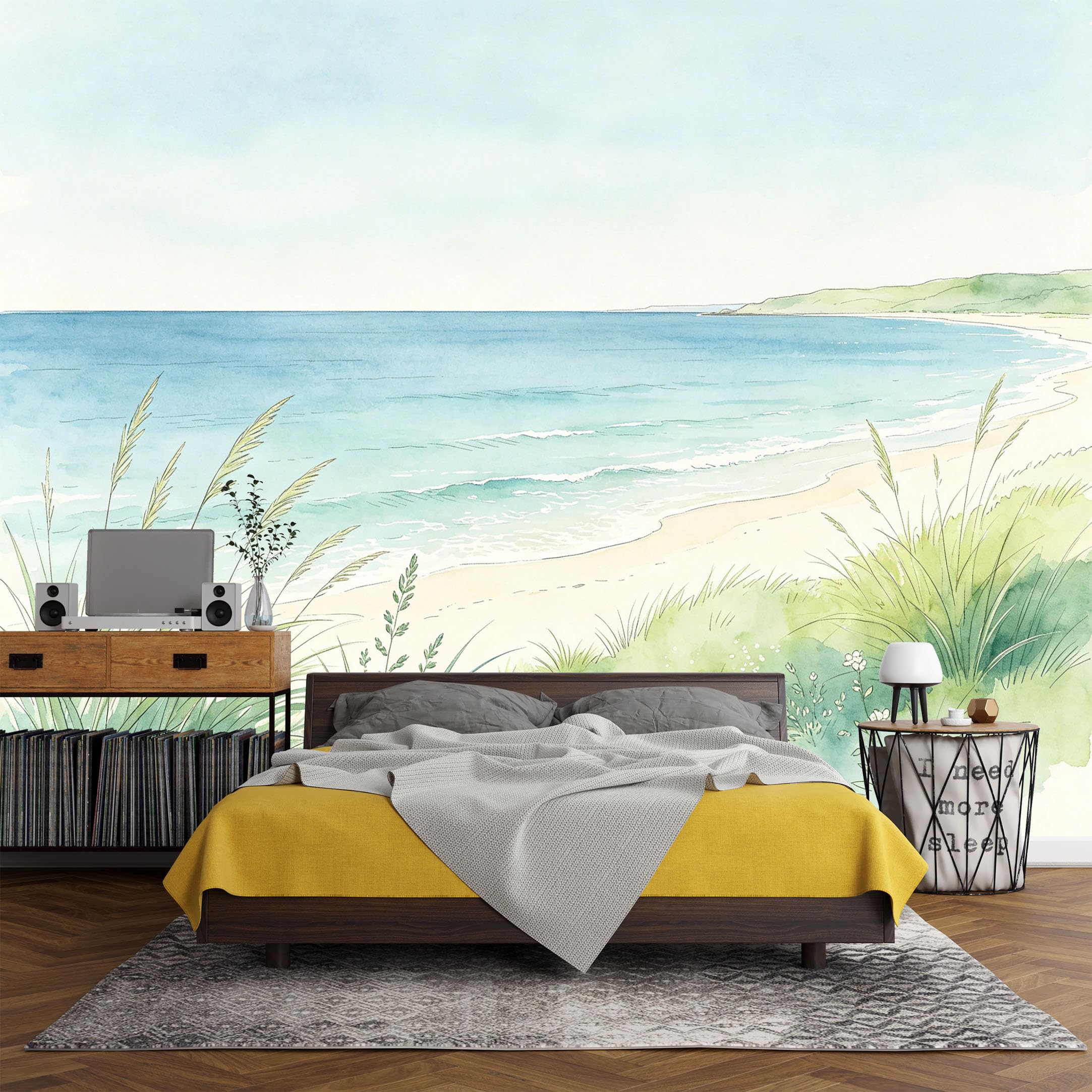 Custom Size Wall Mural， Coastal Ocean Shore Watercolor Beach Grasses Landscape，SelfAdhesive Art Prints wall Fabric (No PVC) Removable Wallpaper Living Room Decor