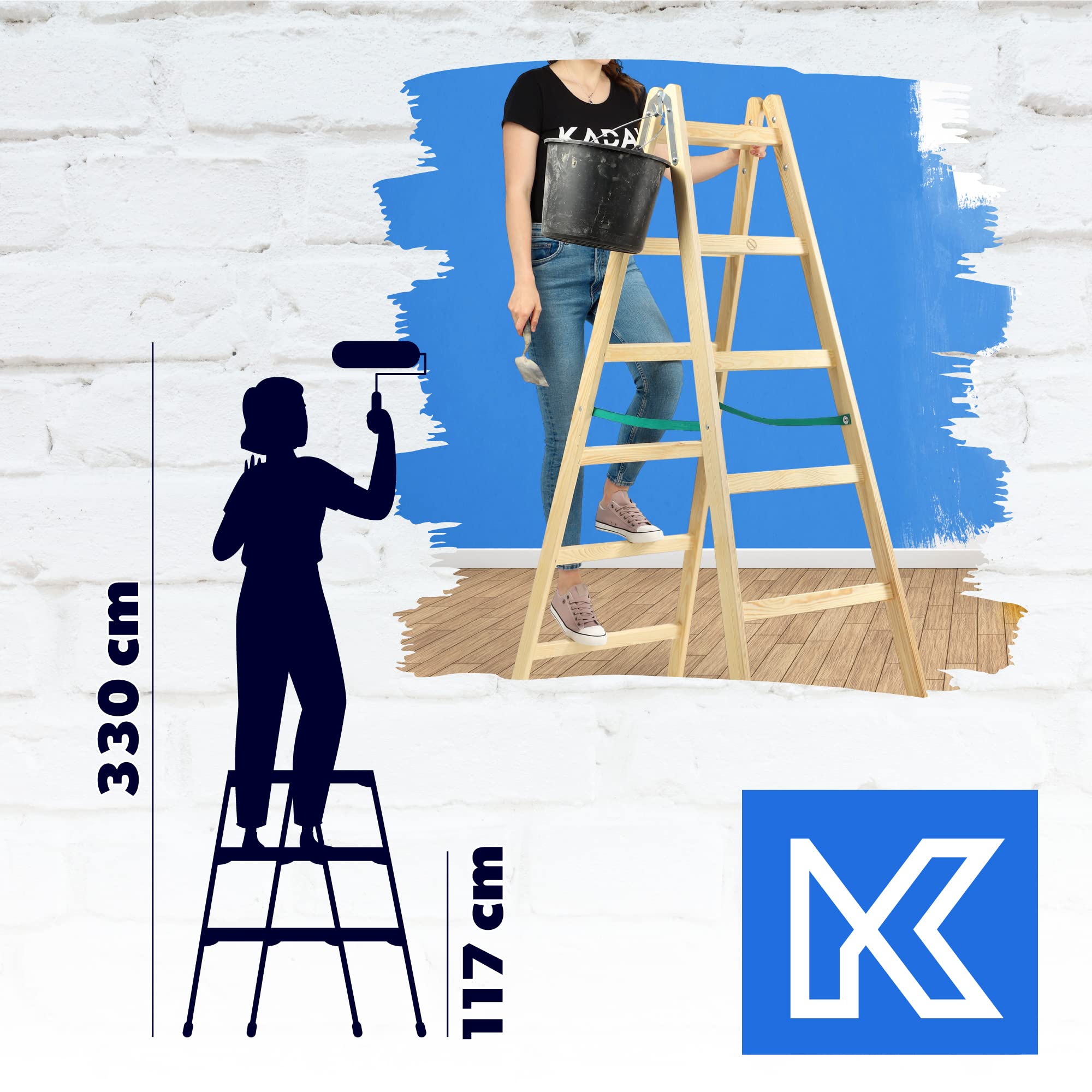 KADAX Échelle double en bois jusqu'à 150 kg, pliable, double marche avec crochet en acier pour peintre, électricien, escabeau ménager (6 échelons)