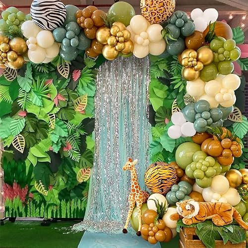 Miniatura 7 de Kit de arco de guirnalda de globos de safari en la selva, globo verde y blanco con decoración de animales tropicales para baby shower, cumpleaños
