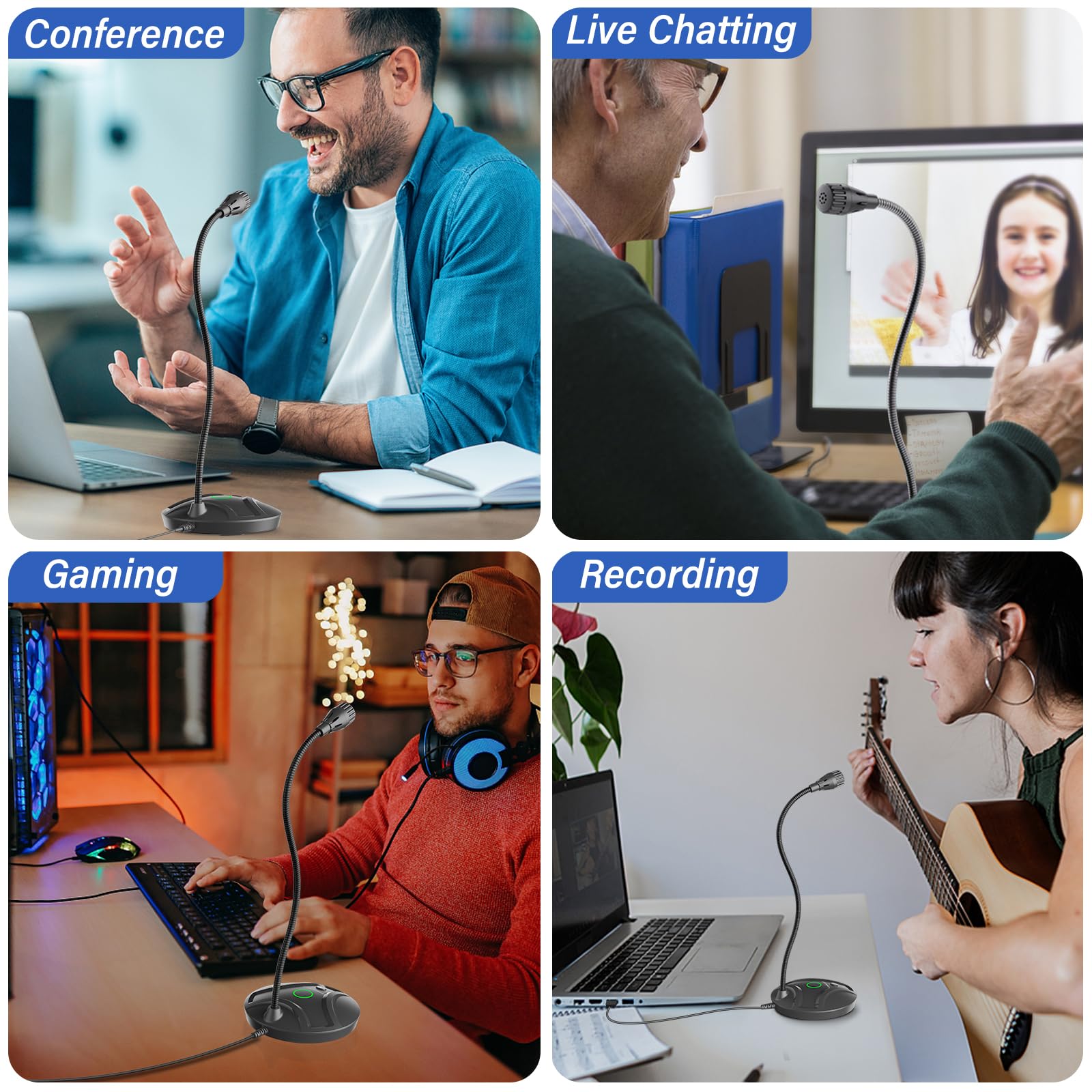 Microfono USB per computer Plug & Play, collo d'oca flessibile e pulsante di disattivazione LED, microfono da tavolo per giochi, YouTube, Streaming, compatibile con Windows/Mac (1,8 m)
