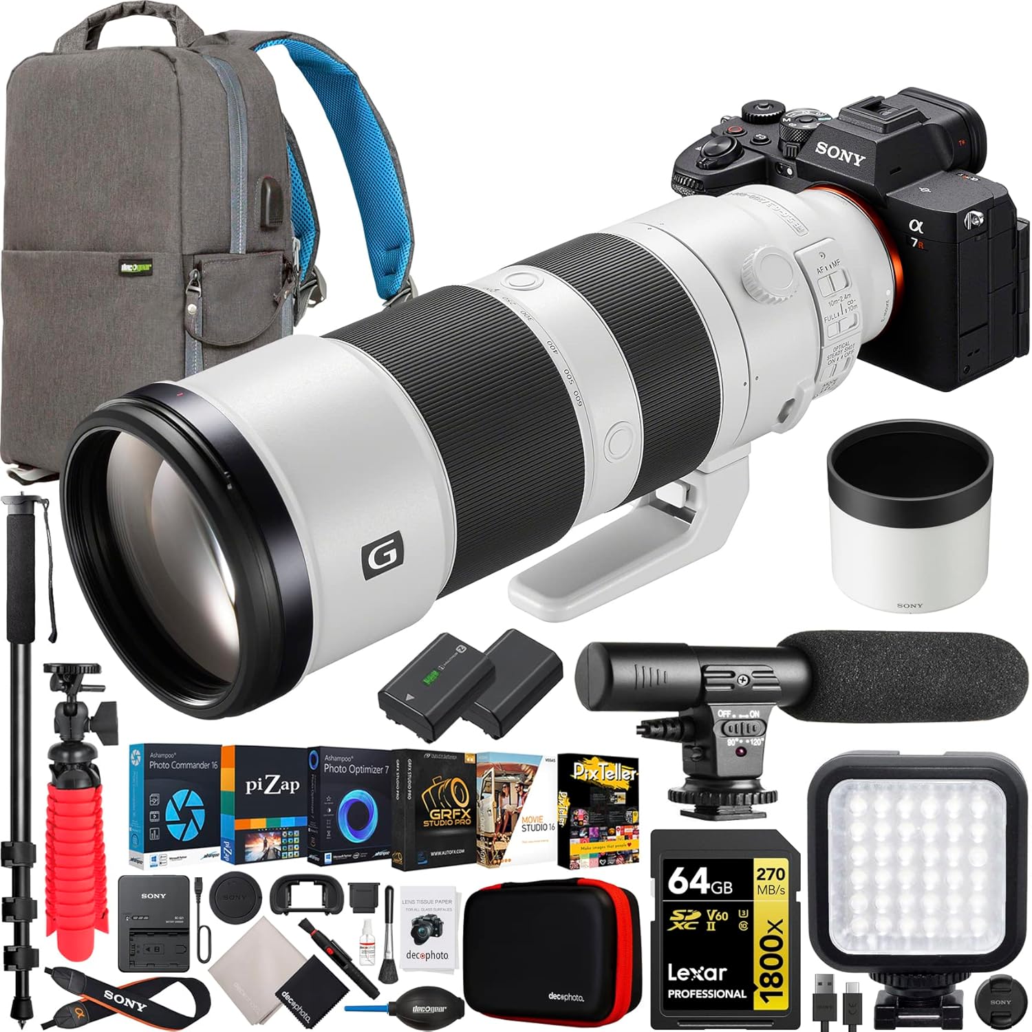 Sony a7R V Full Frame Mirrorless Camera Body with FE 200-600mm F5.6-6.3 G OSS Lens ILCE-7RM5 + SEL200600G Bundle with Deco Gear Photography Backpack + Monopod +Extra Battery, LED and Kit Accessories Sony a7R V Full Frame Mirrorless Camera Body with FE 200-600mm F5.6-6.3 G OSS Lens ILCE-7RM5 + SEL200600G Bundle with Deco Gear Photography Backpack + Monopod +Extra Battery, LED and Kit Accessories