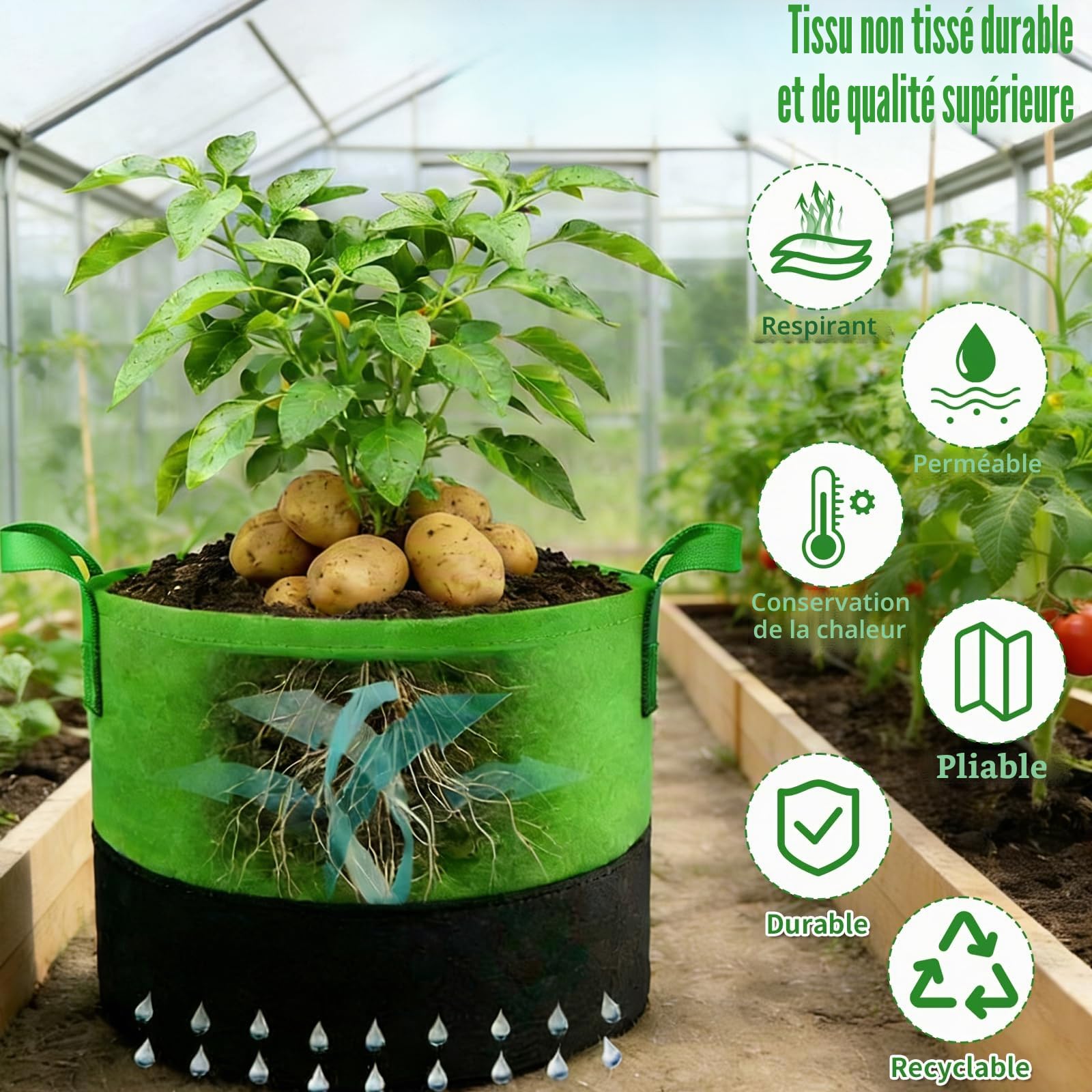 Sac de Plantation Lot de 3, Sacs à Patates de 10 Gallons avec Gants Tapis de Jardin et étiquettes Plantes, Sacs de Plantation pour Pommes de Terre, Légumes et Fleurs au Jardin et à l'extérieur