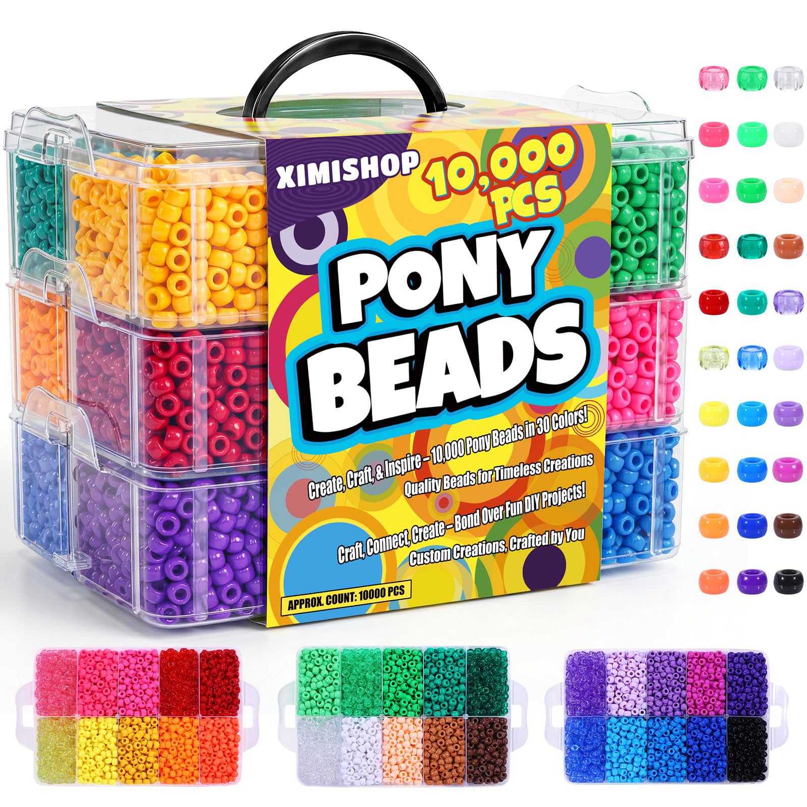 XIMISHOP 10000PCS Pony Beads Kit，30 Colors 6x9mm Colorful Hair Beads Rainbow Plastic Pony Bead for Hair Braids Craft Beads Kit Friendship Bracelet Making