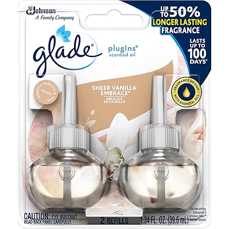 Amazon Com Glade Plugins Scented Oil Refill Sheer Vanilla Embrace Essential Oil Infused Wall Plug In Up To 50 Days Of Continuous Fragrance 1 34 Oz Pack Of 2 Health Personal Care