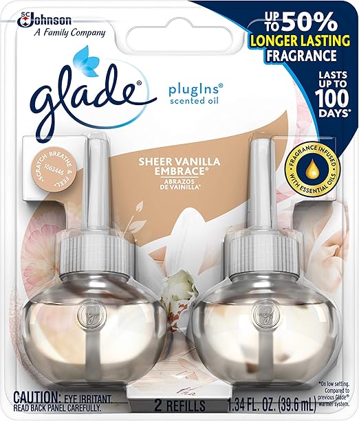 Glade PlugIns Refills Air Freshener, Scented and Essential Oils for Home and Bathroom, Sheer Vanilla Embrace, 1.34 Oz, 2 Count