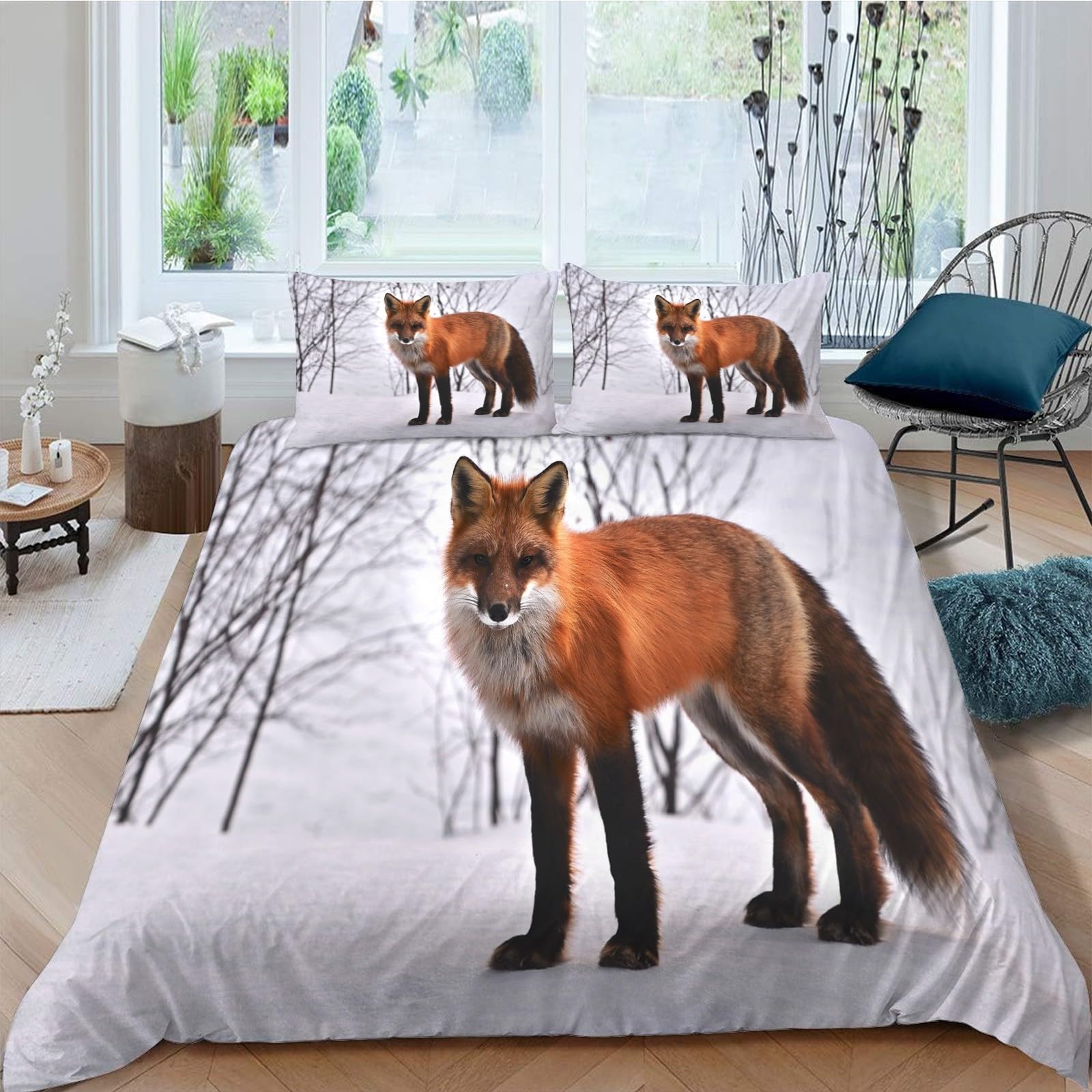 Copripiumino Matrimoniale 240x220 Neve di Fox Biancheria da Letto Morbido Microfibra Copri Piumone e 2 Federe Abbinate, con Zip, Ipoallergenico