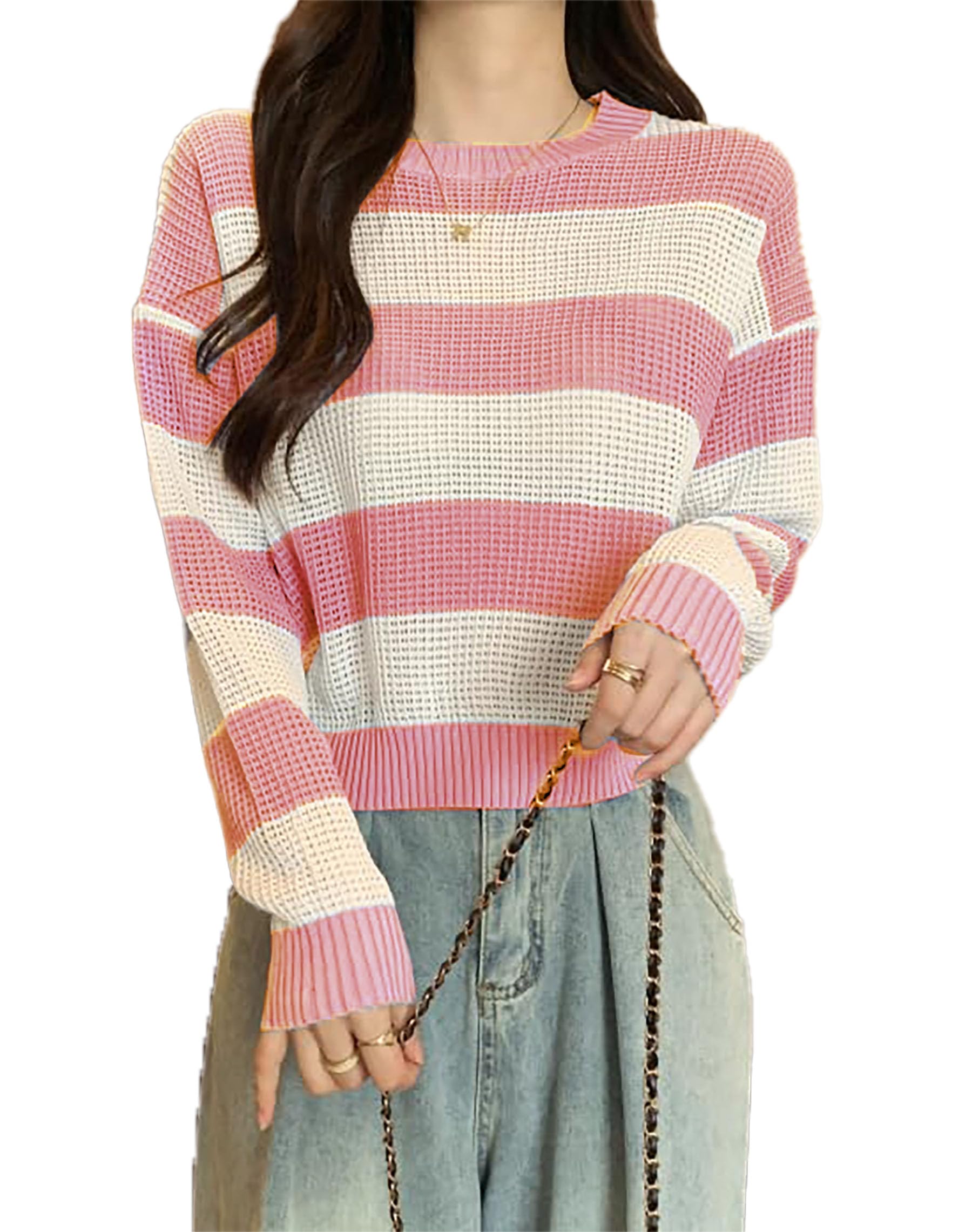 icw Women's Knitted Hollow Out Color Block Long Sleeve Stripe Pullover Top T-Shirt Dn65 (One Size Fit XS-S-M-L)-picture-43