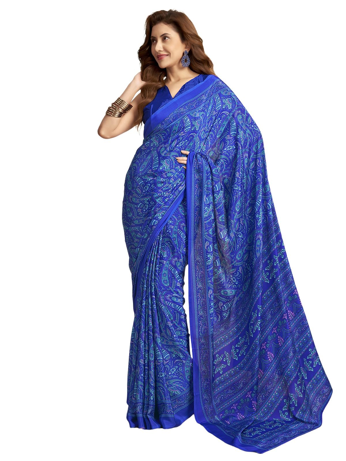 Satrani Women's Silk Crepe Paisley Printed Saree With Unstitched Blouse Piece (3844S2731N_Dark Blue)