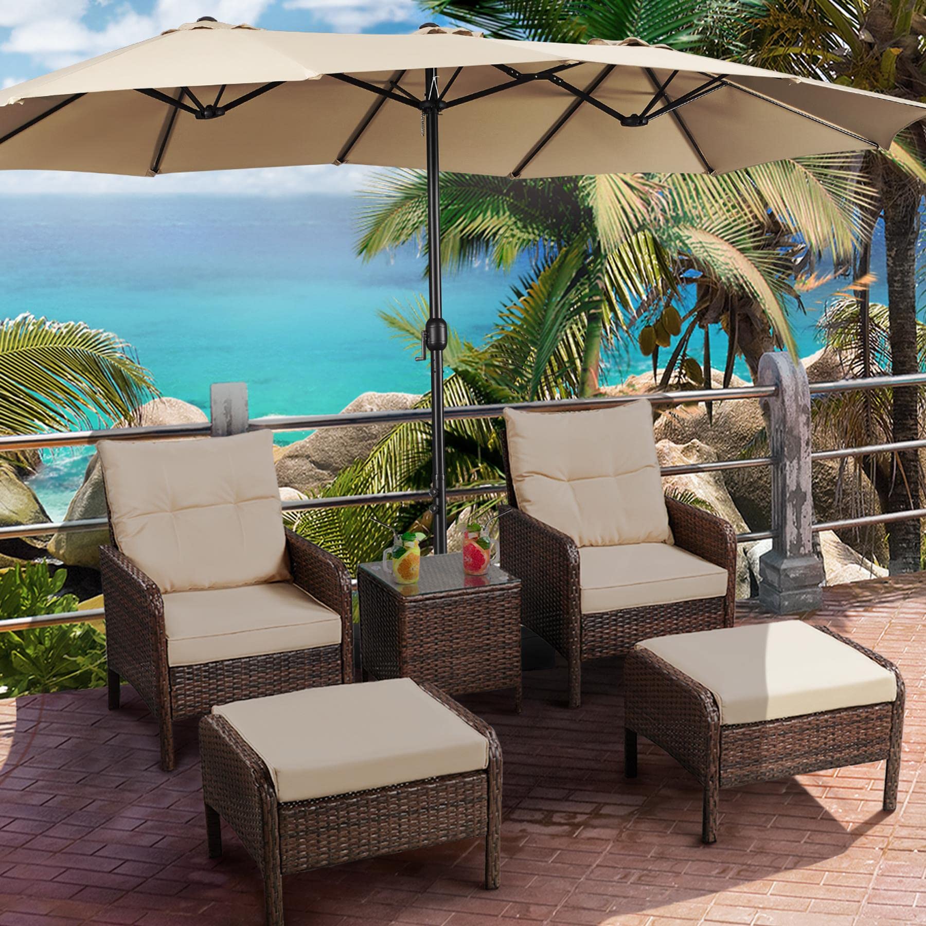 Yaheetech Sonnenschirm mit Ständer Großartiger Terrassenschirm 385 x 240 cm mit Basis für Sonnenschutz für Balkon/Terrasse/Garten Rechteckig Gartenschirm mit UV Schutz 50+, Hellbraun
