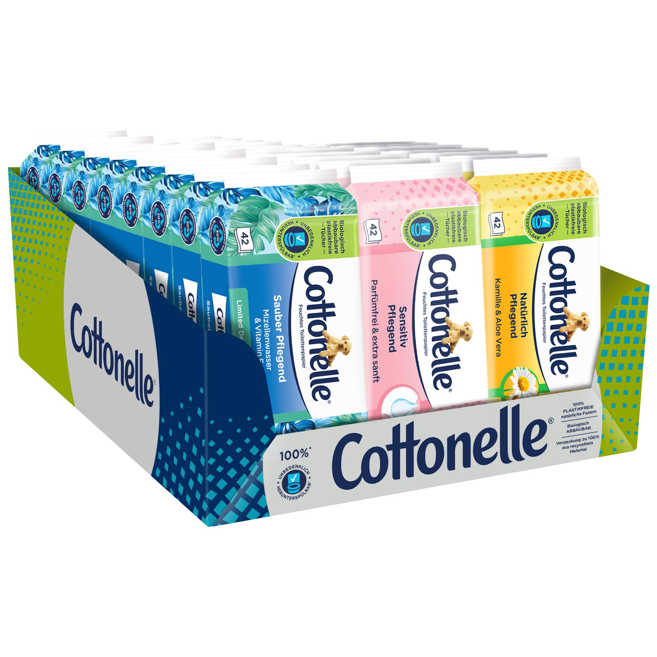 Cottonelle - Papel higiénico húmedo Mix-Display 27 unidades (12 x cuidado natural, 7 x cuidado sensible, 8 x limpio)