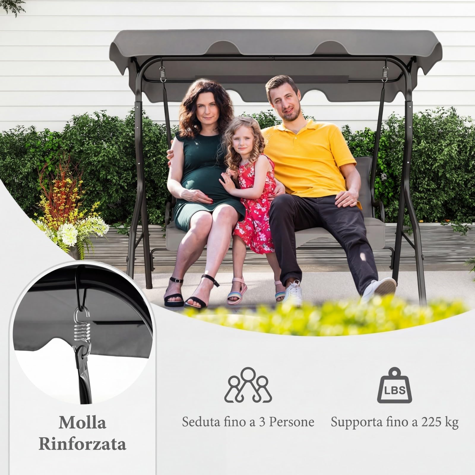 COSTWAY Dondolo da Giardino 3 Posti con Tettuccio Regolabile, Cuscino Removibile, Sedia Sospesso con Struttura in Metallo, Portata 225 kg, 172 x 110 x 154 cm (Grigio)