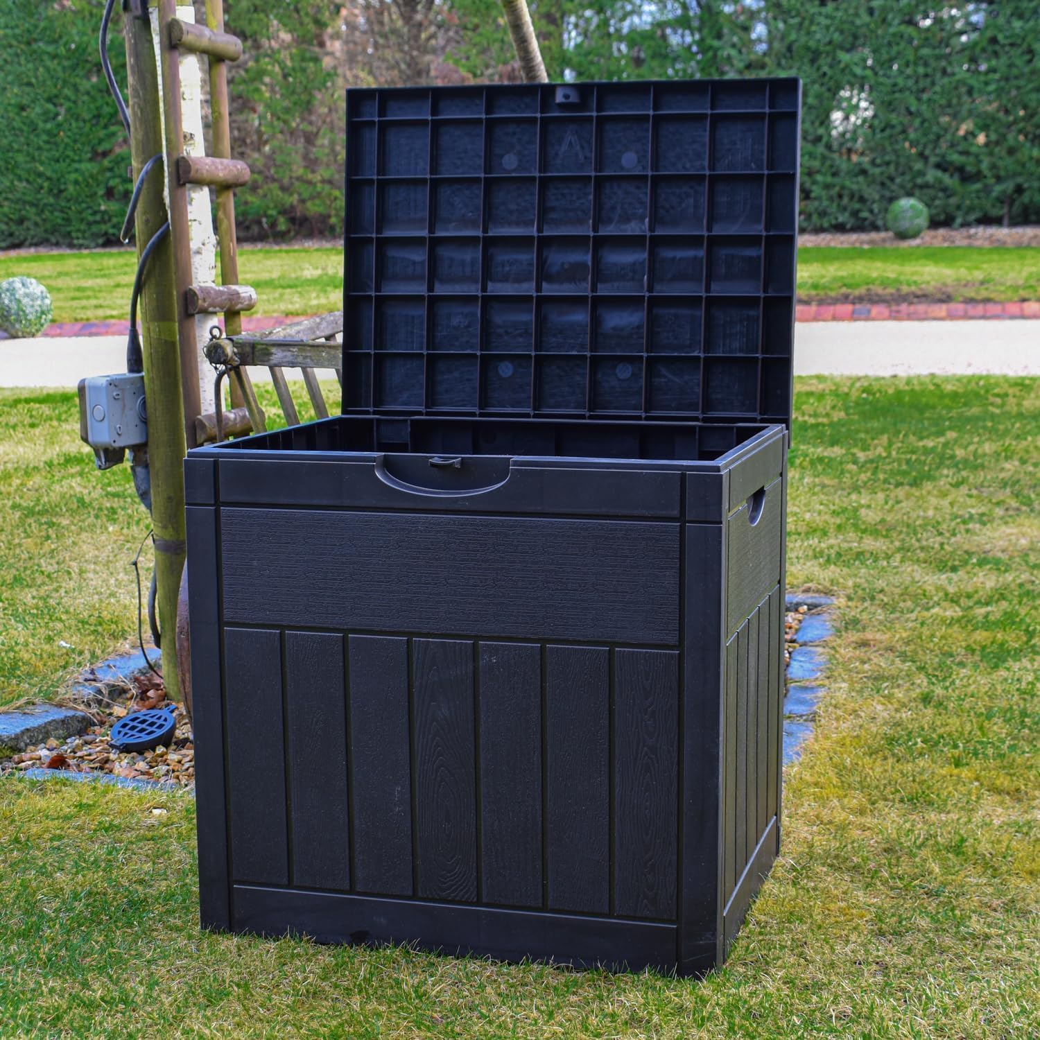 BPS Deluxe 126L Outdoor Storage Box | Small Garden Furniture Storage Box | Black Wood Panel Effect | Fade Free | All Weather Resistant | Safe and Secure | Zero Maintenance | Balcony