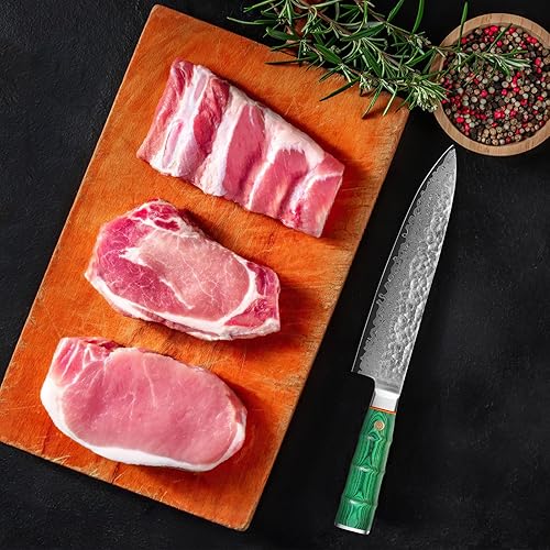 Miniatura 6 de Cuchillo de chef japonés profesional de 8 pulgadas, afilado de 67 capas Damasco VG-10 con núcleo de acero, cuchillo de cocina martillado con mango