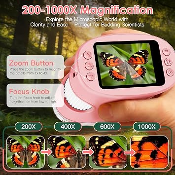 4K 1000X Handheld Digital Microscope for Kids with 2.0 IPS Screen(Pink)