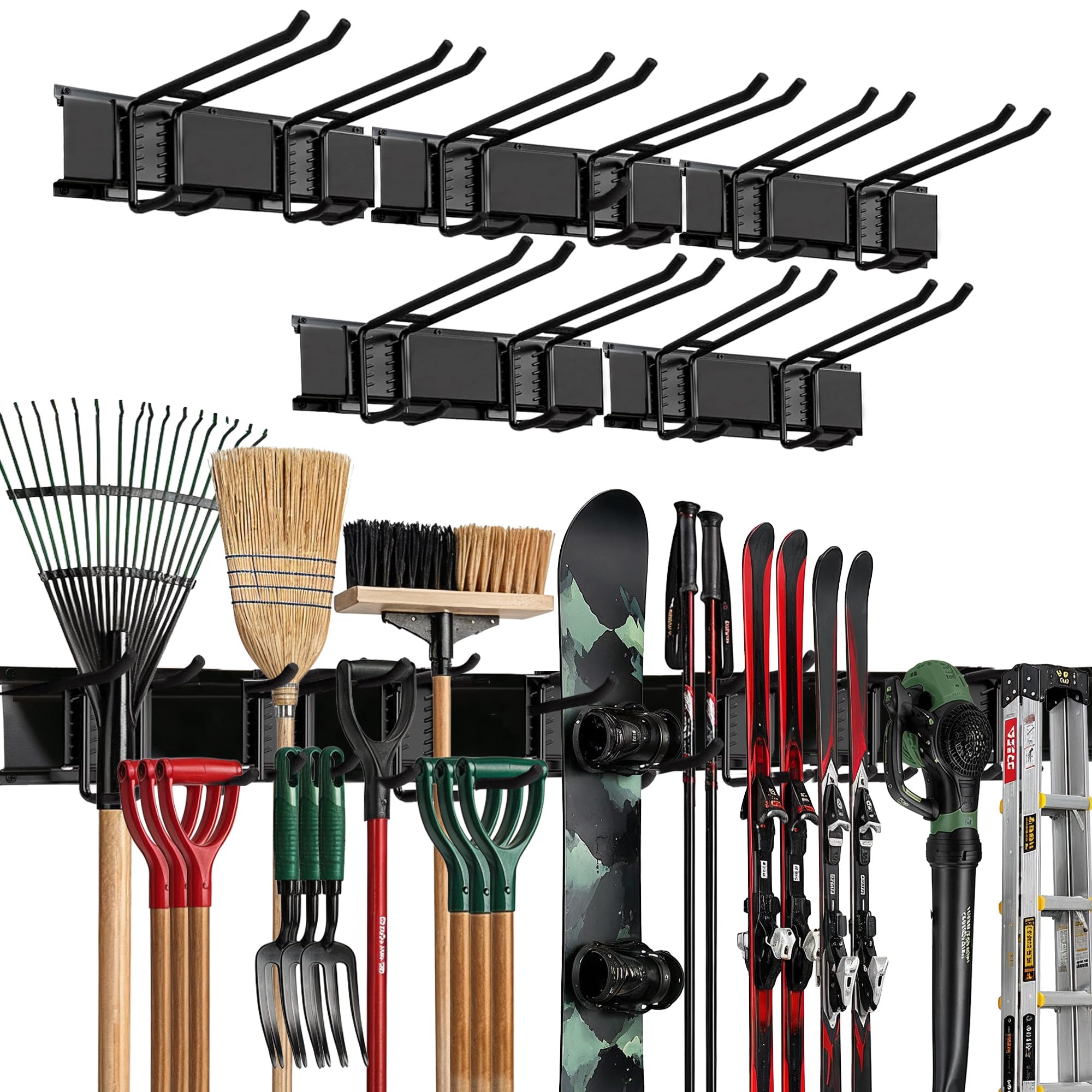 Organiseur mural de garage | Porte-outils robuste de 203,2 cm | Crochets doubles couches réglables | Capacité de 226,8 kg | Support mural en acier au carbone pour pelles, râteaux, échelles et outils