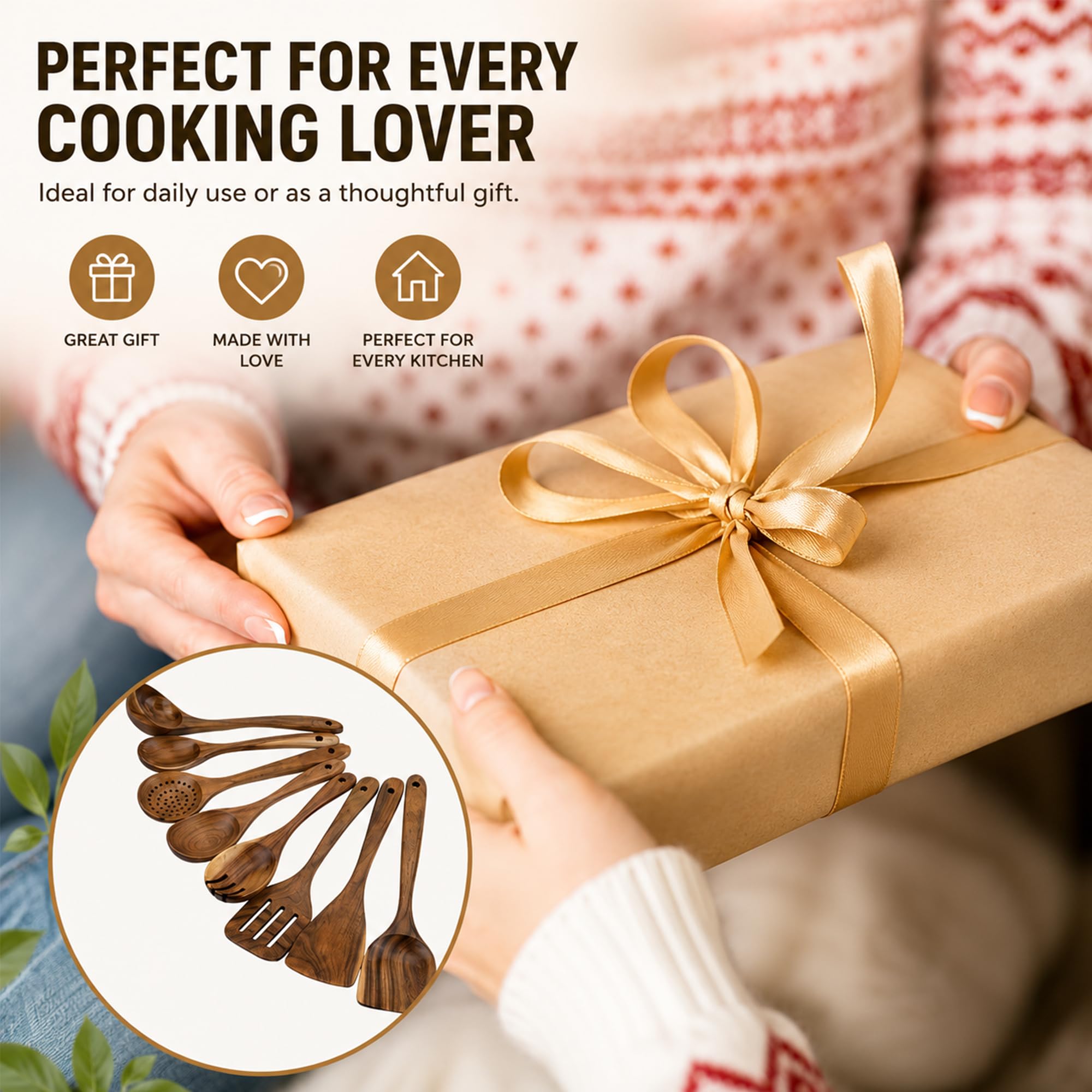 Kitchen Utensils Set 8 Piece Teak Wooden Cooking Utensil Set Non-Stick Pan Wood Spoons and Spatula Cookware for Home Everyday Use &Kitchen Tools (8pcs)