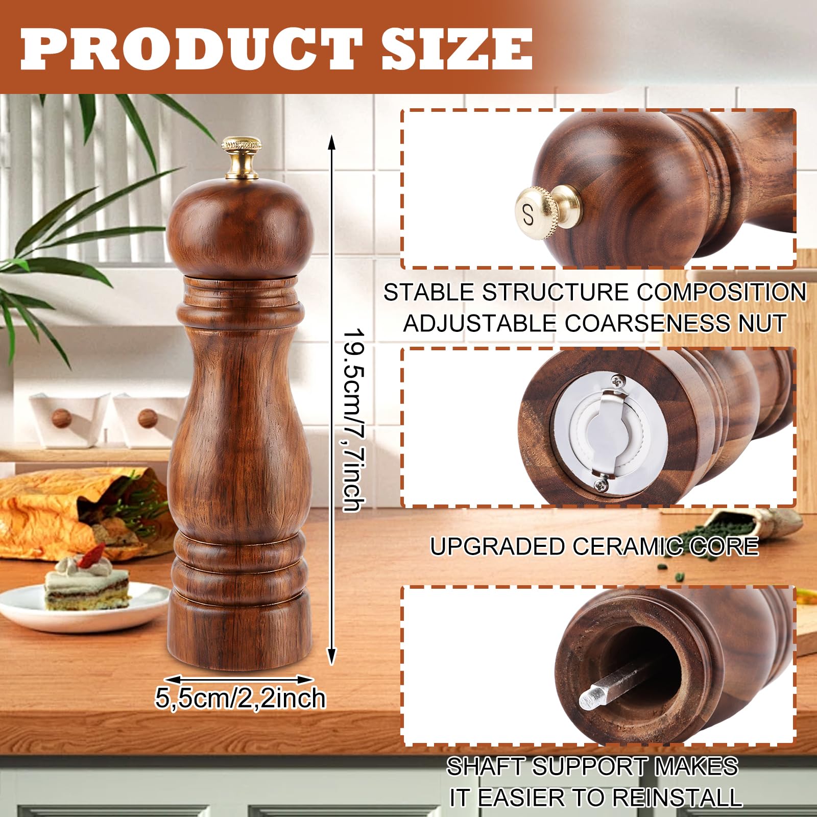 DAJAVE 3er Salz und Pfeffermühle Holz Set 20cm Pfeffermühle Holz Groß Keramikmahlwerk Gewürzmühle Salzmühle mit untersetzer Verstellbarem für Pfeffer Salz Gewürze Höhe