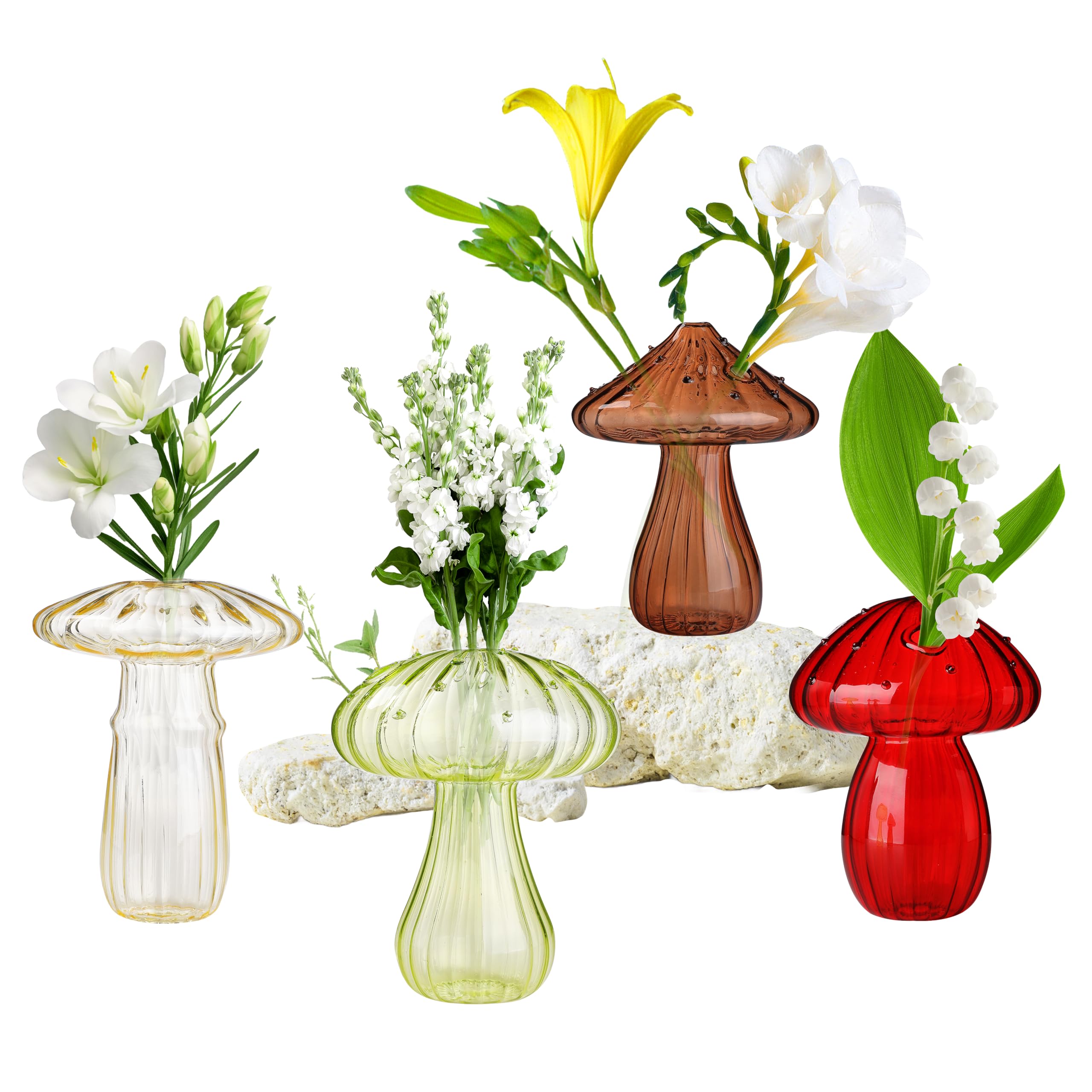 Lot de 4 vases en verre en forme de champignon - Vase hydroponique transparent - Fleurs et plantes pour décoration de table, décoration de maison, fête de mariage (4 couleurs)