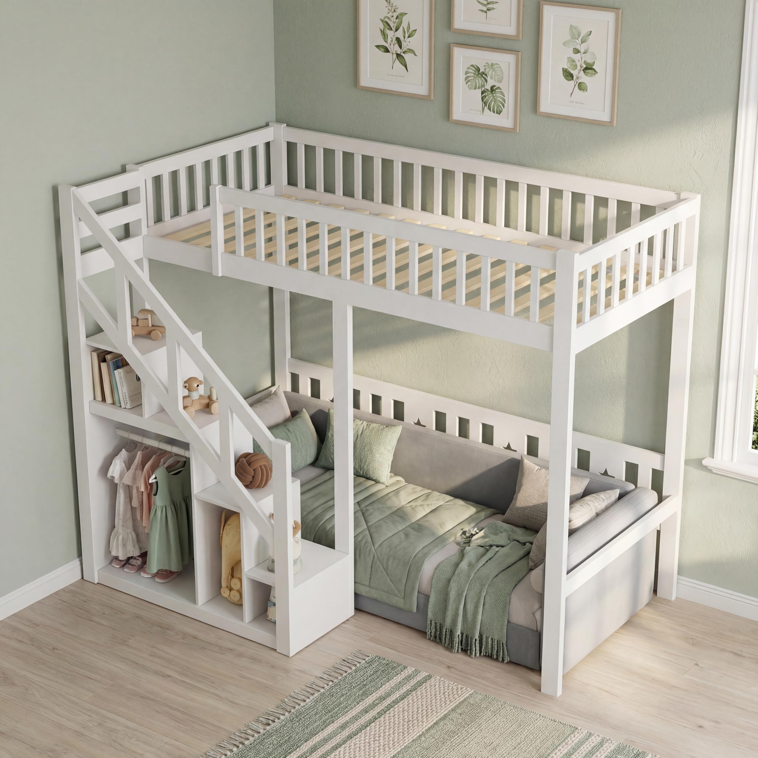 Etagenbett 90x200 mit Treppe & Stauraum, Hochbett Kinderbett mit Lattenrost, Funktionsbett Jugendhochbett Stockbett für Kinderzimmer, Jugendliche und Erwachsene, Weiß (Weiß, 90x200cm)