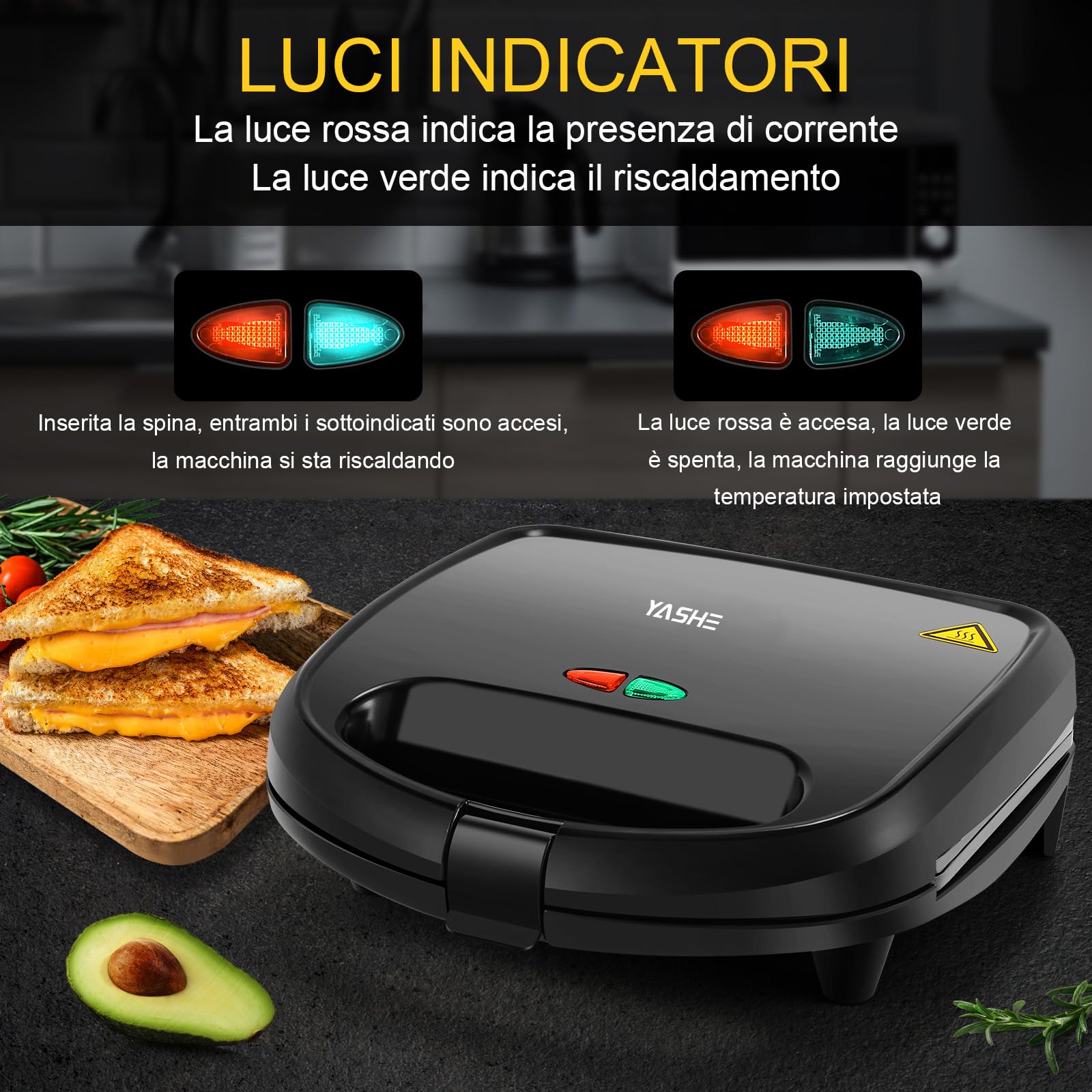 YASHE Macchina per Sandwich Tostapane, Piastre Tostapane Antiaderenti, 750W Sandwich Maker, Automatico Termostato, Indicatori LED, Senza BPA