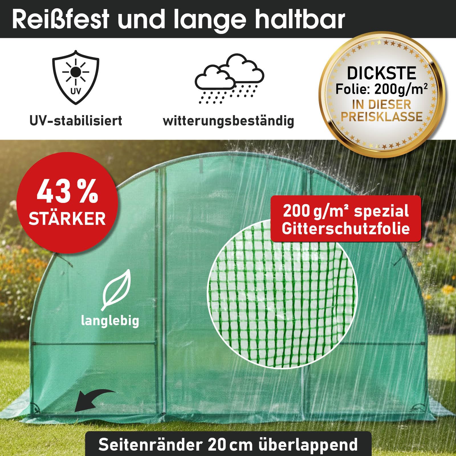 BRAST Gewächshaus Foliengewächshaus mit Stahlfundament | 2x3m - 3x8m | inkl. Erdanker Unkrautvlies & aufrollbare Seitenwände mit Moskitonetz | UV-stabilisierte Gitterschutzfolie 200g/m² | 200x300cm